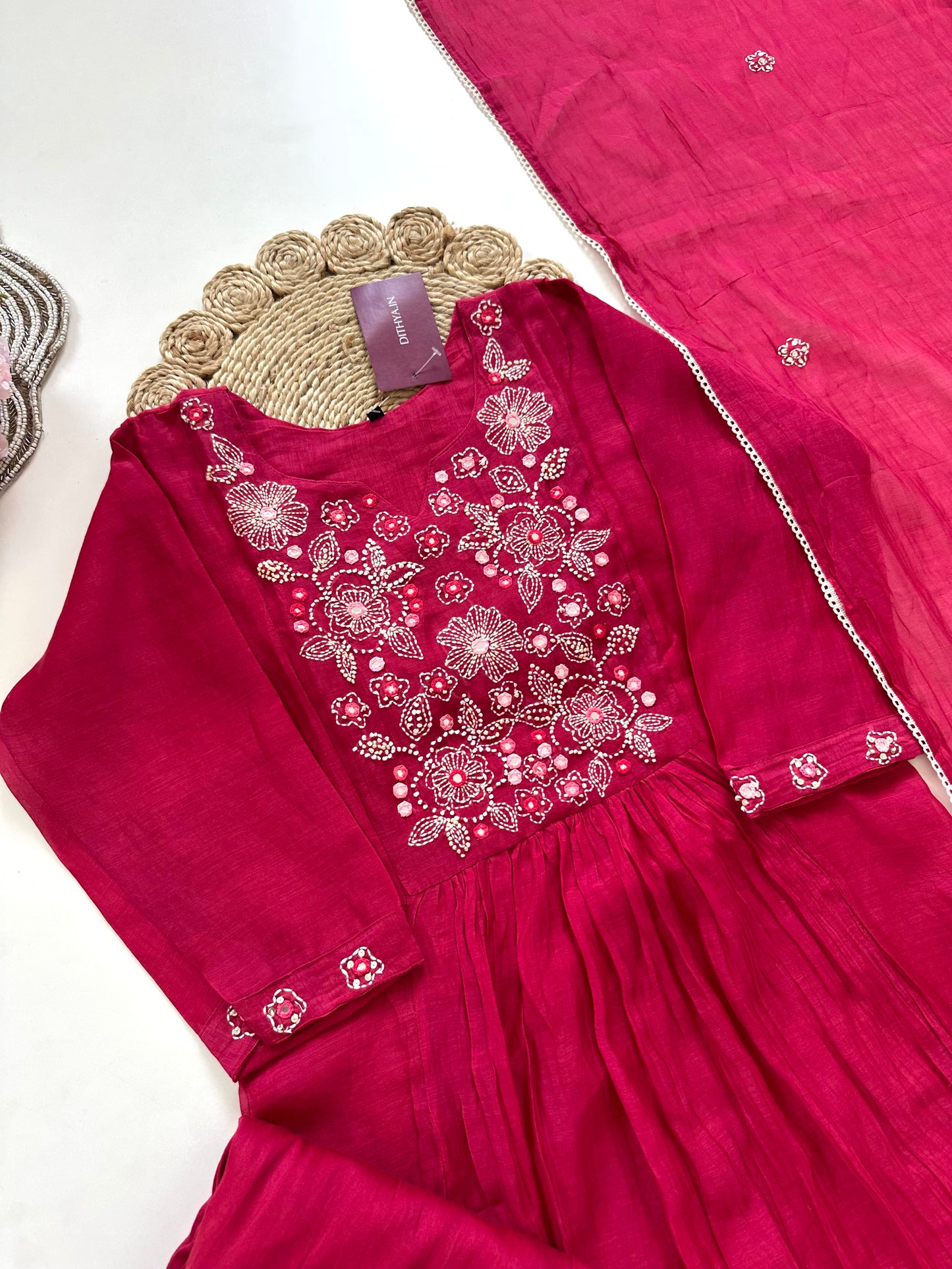 K223 - Mul Chanderi Embroidered Aline Kurti with pants and dupatta