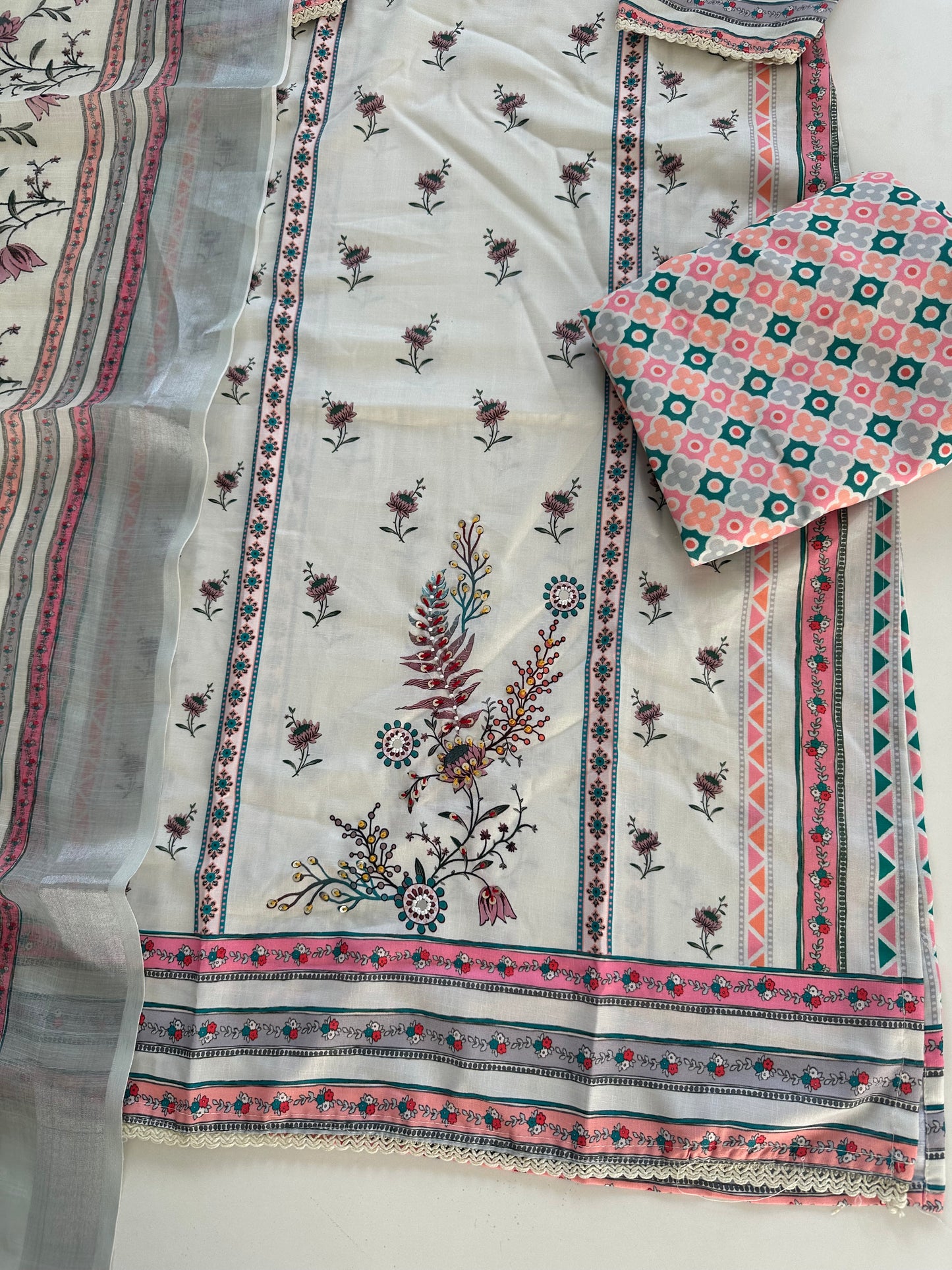 K421 - Rayon handwork Straight Kurti with pants and dupatta in 2 coloursp