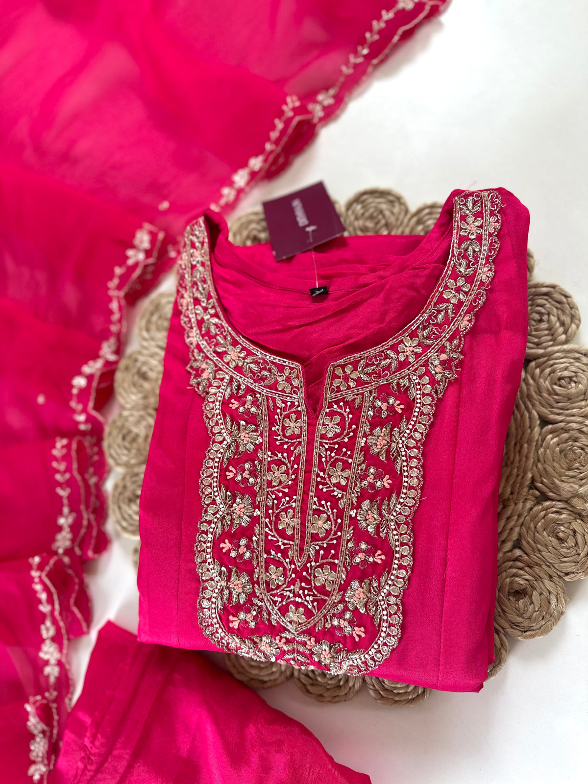 K163 - Russian silk handwork Anarkali with pants and organza dupatta