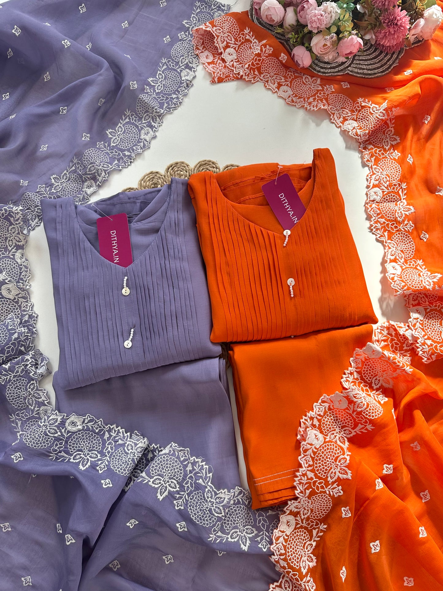 K319 - Muslin silk embroidered Aline Kurti with pants and dupatta in 2 colours