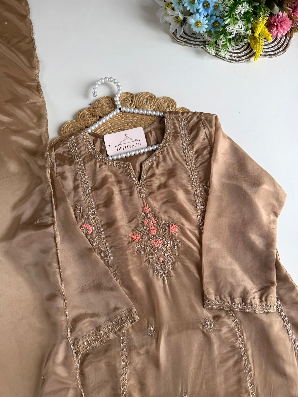 K653 - Tissue silk handwork Anarkali with pants and dupatta