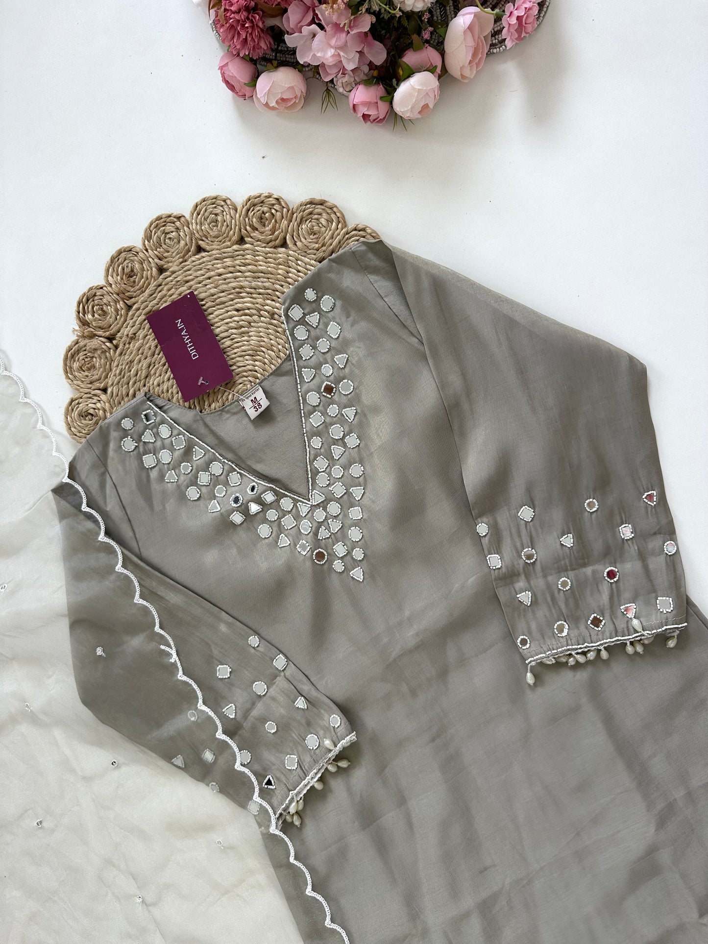 K209 - Shimmer silk mirror work straight Kurti with pants and dupatta in 3 colours