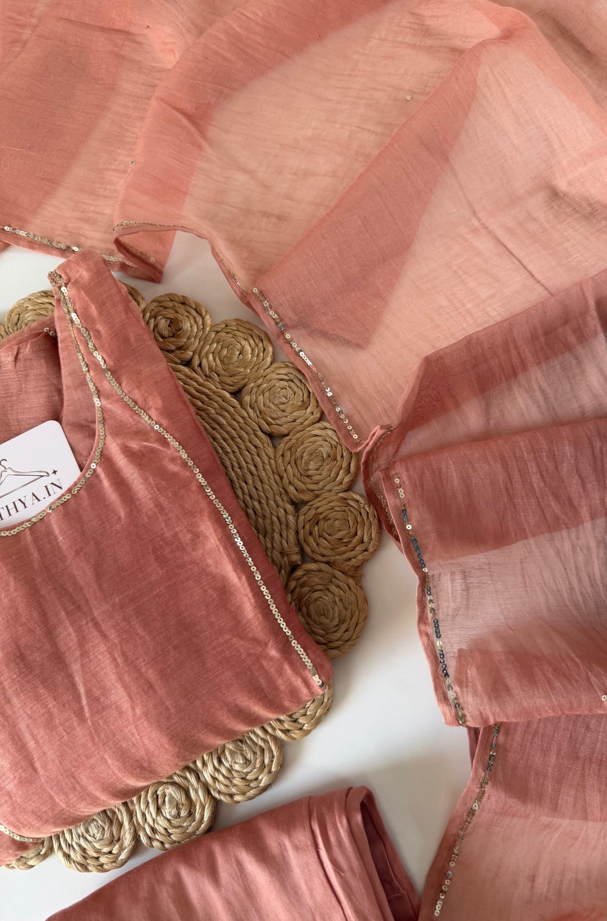 K089 - Mul chanderi handwork aline Kurti with pants and dupatta