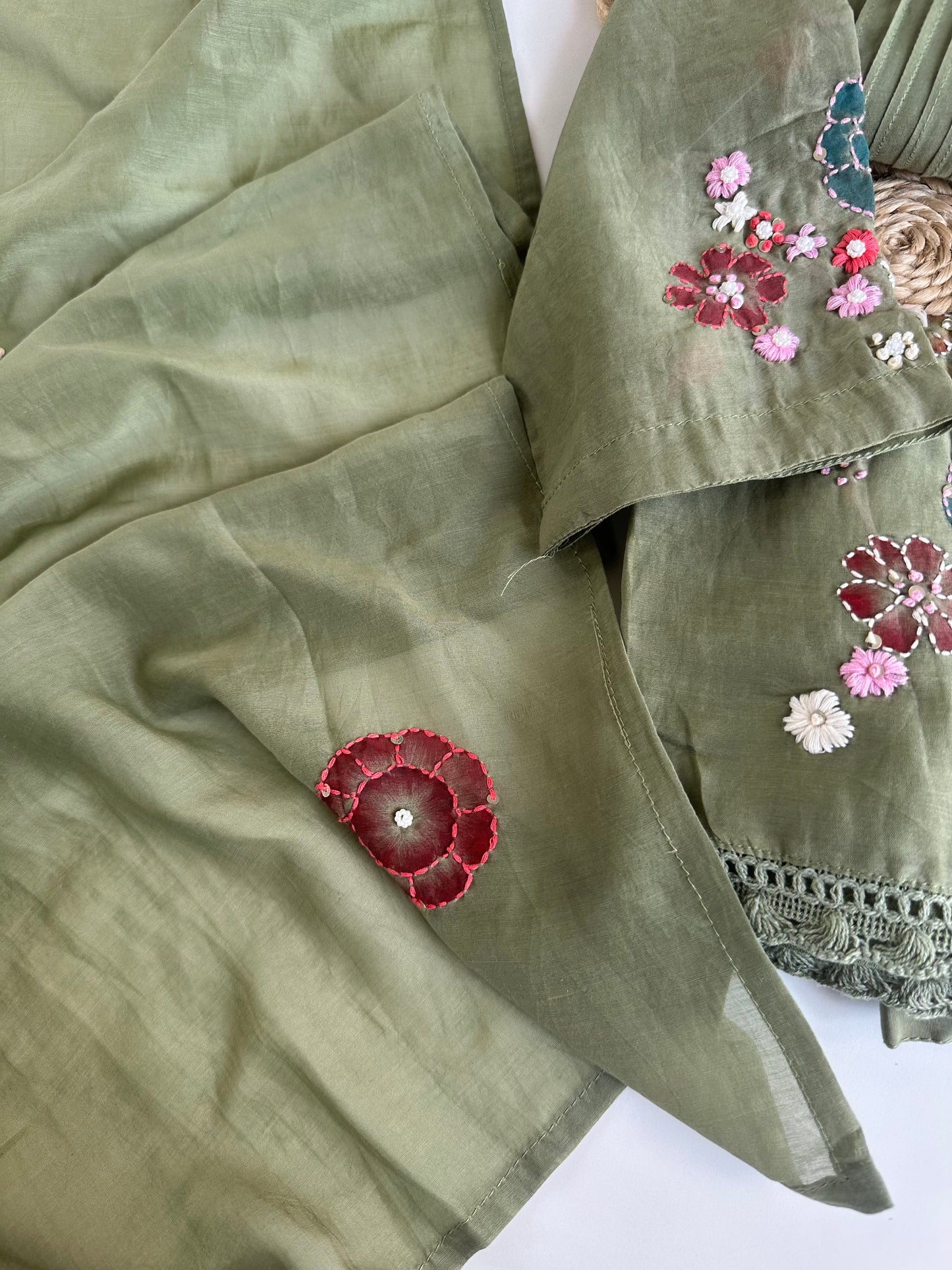K423 - Mul Chanderi embroidered Aline Kurti with pants and dupatta