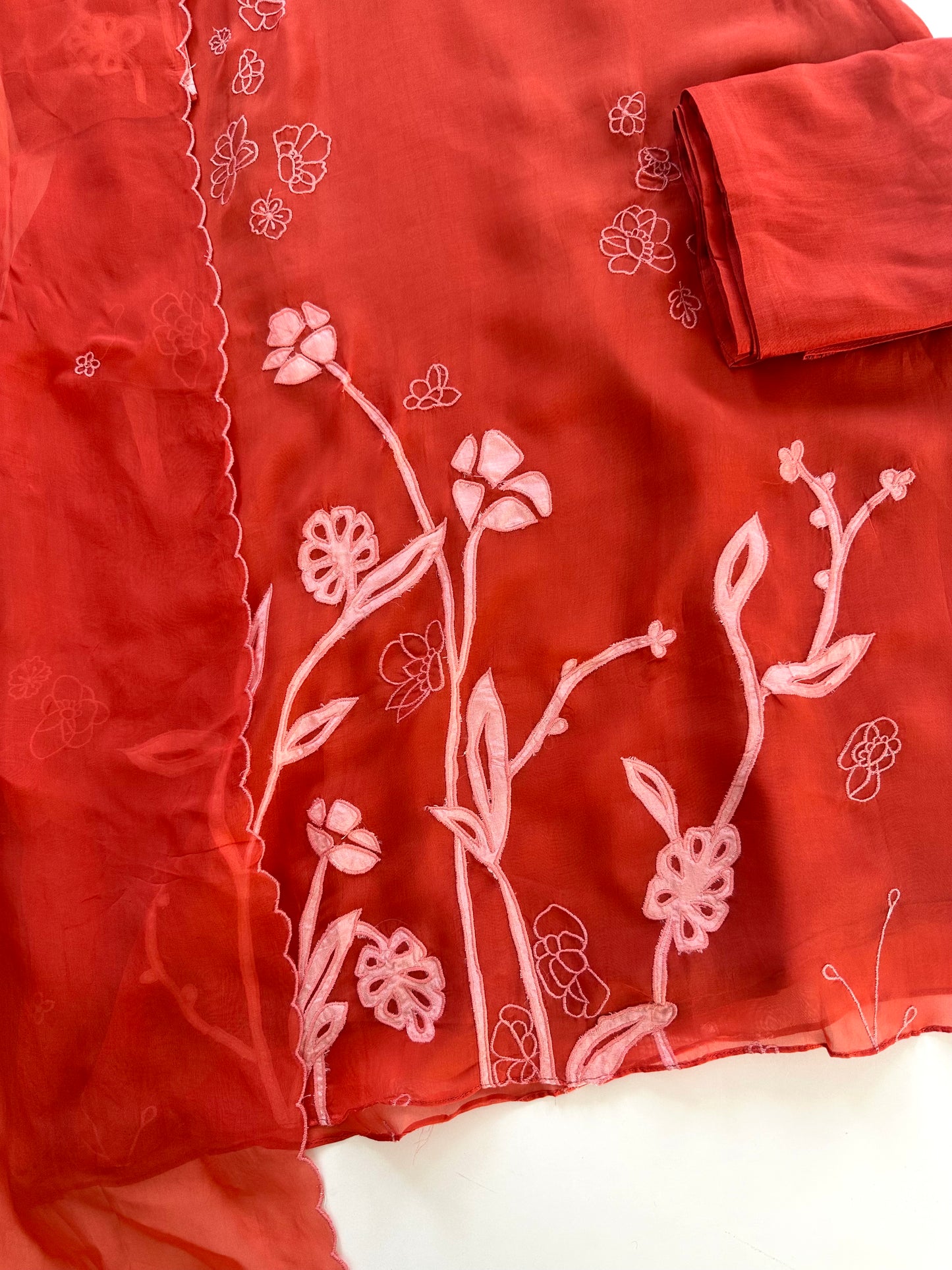 K225 - Pure viscose organza appliqué work Aline Kurti with pants and dupatta in 2 colours