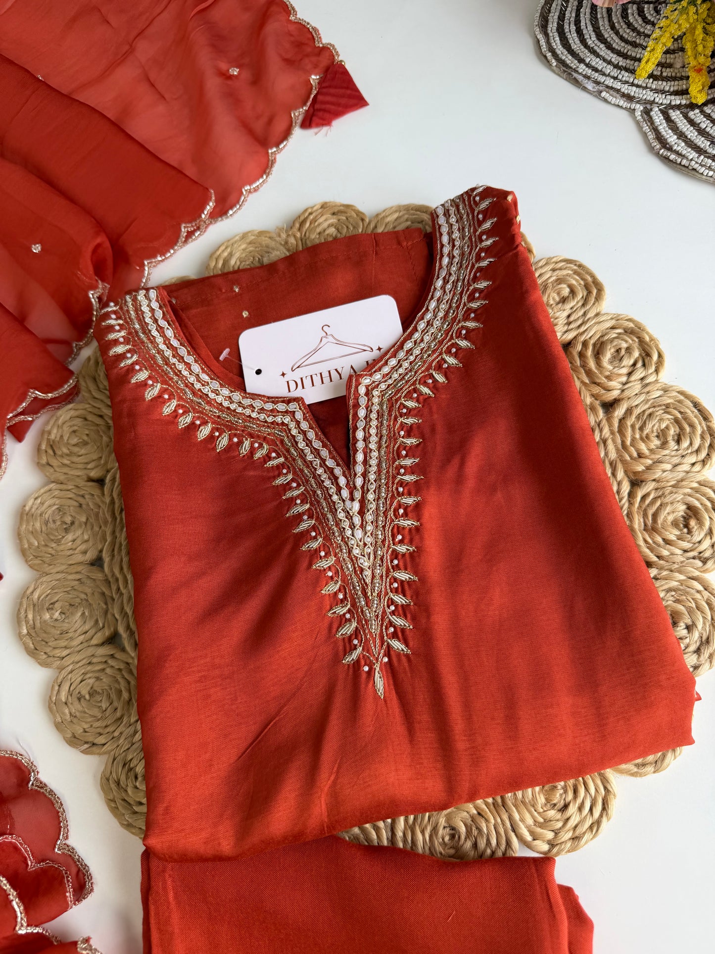 K534 - Russian silk handwork straight Kurti with pants and dupatta