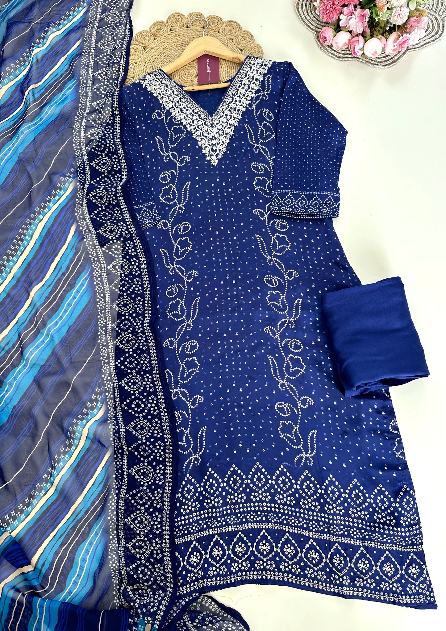 K174 - Pure crape handwork straight Kurti with pants and dupatta in 2 colours