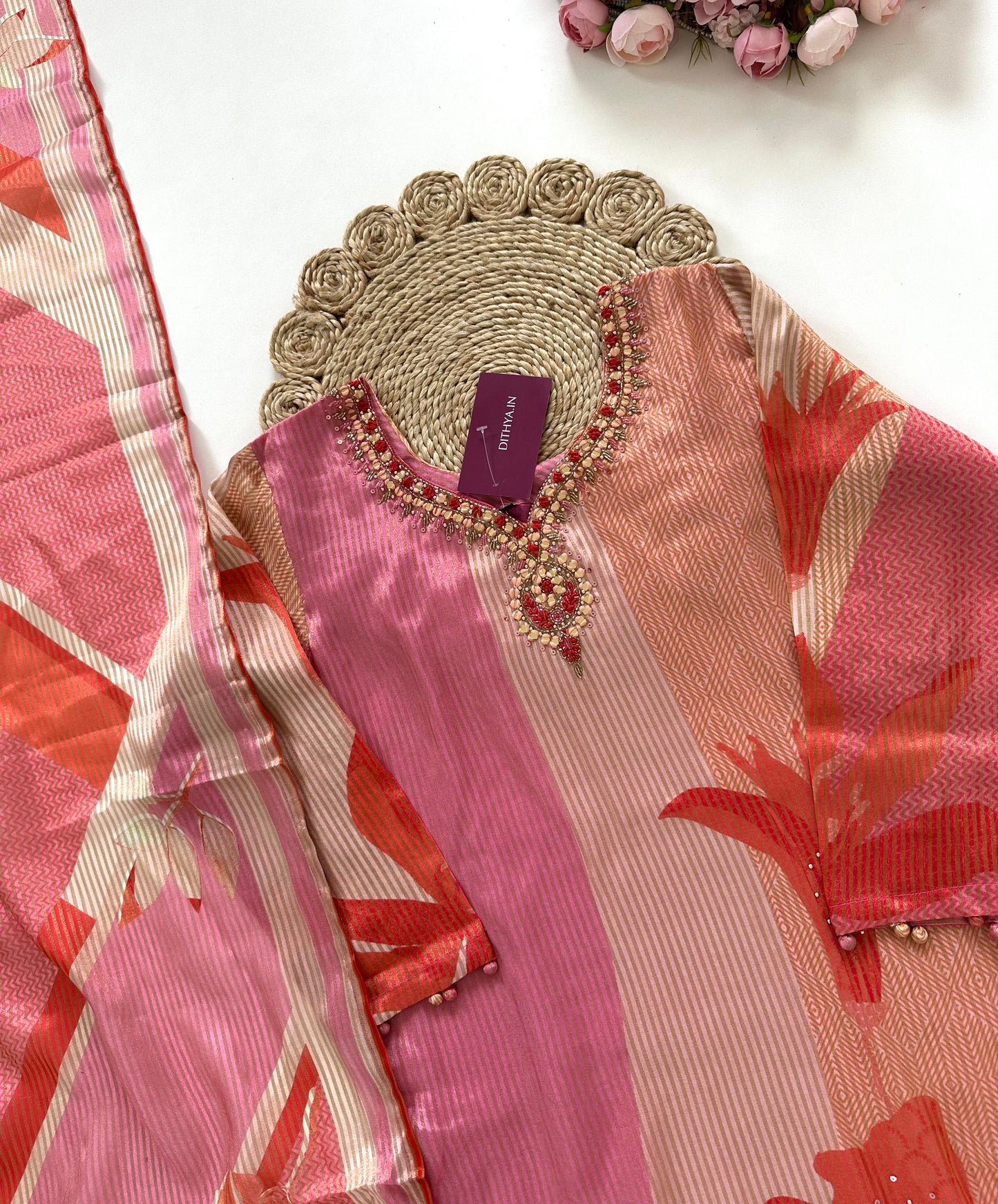 K221 - Tissue silk self weaving handwork straight Kurti with pants and dupatta in 2 prints