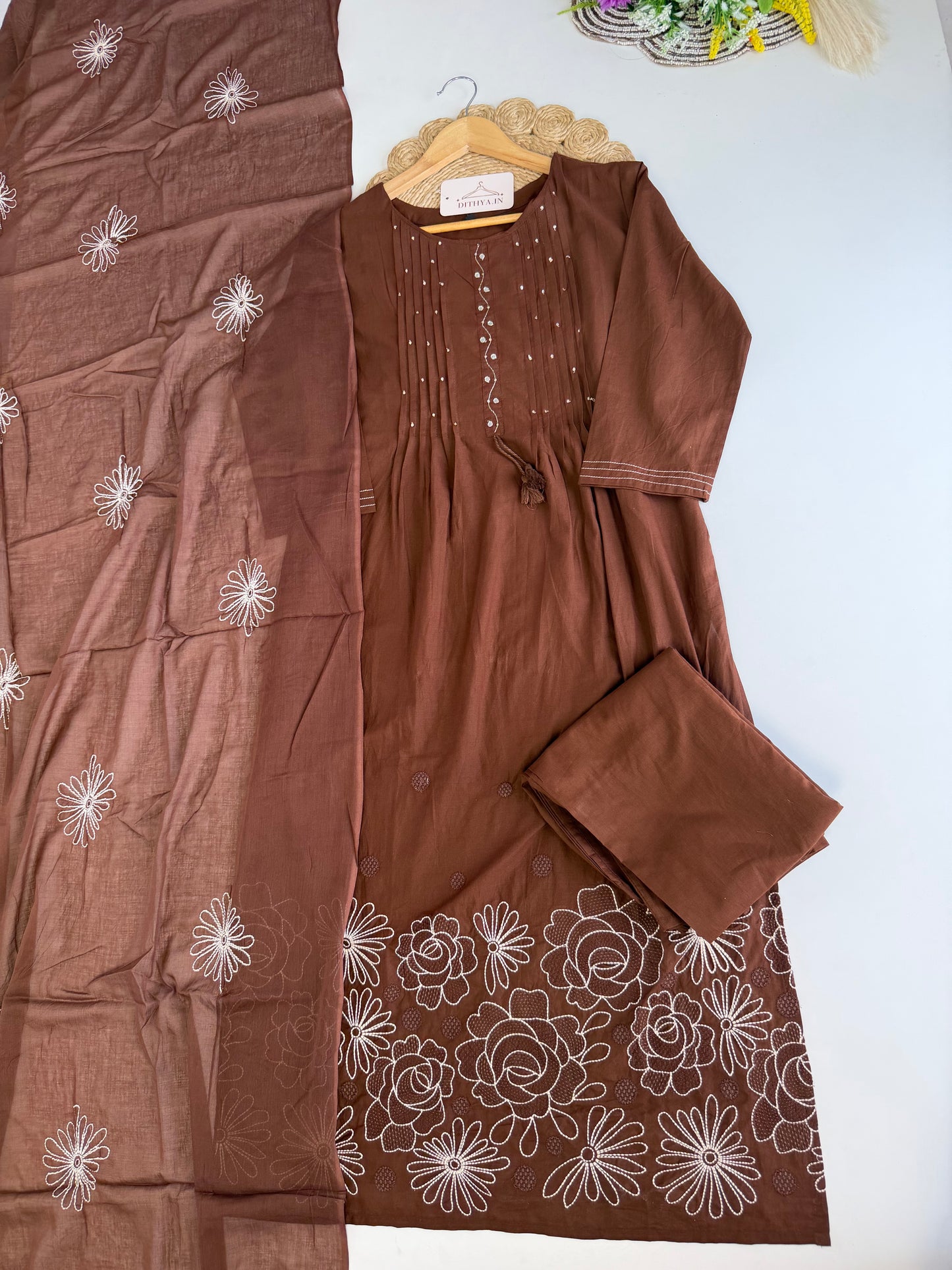 K554 - Mul cotton embroidered Aline Kurti with pants and dupatta