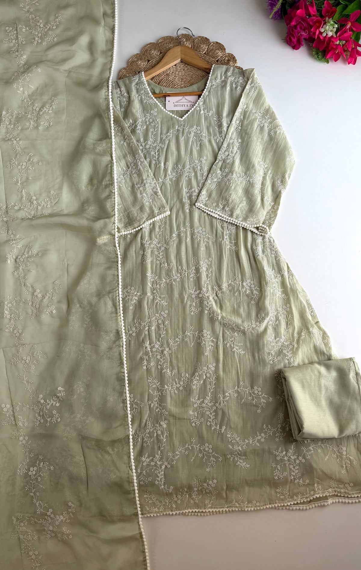 K314 - Mul chanderi embroidered Anarkali with pants and dupatta