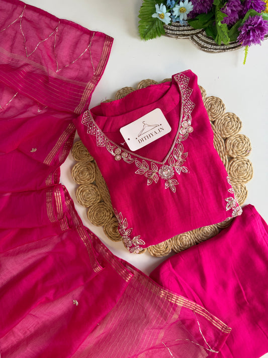 K508 - Mul chanderi handwork Aline Kurti with pants and dupatta