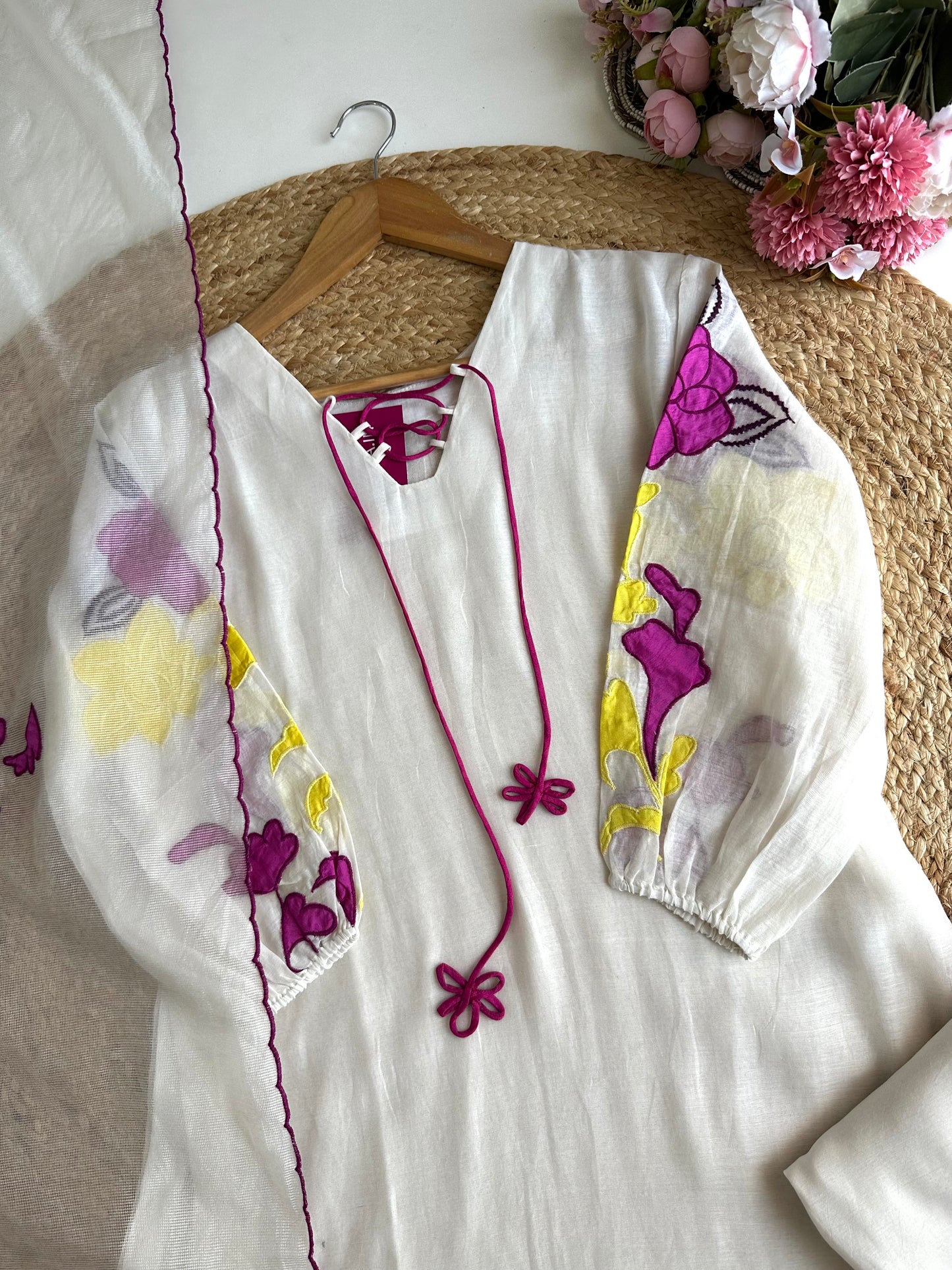 K109 - Mul Chanderi appliqué work Aline Kurti with pants and dupatta