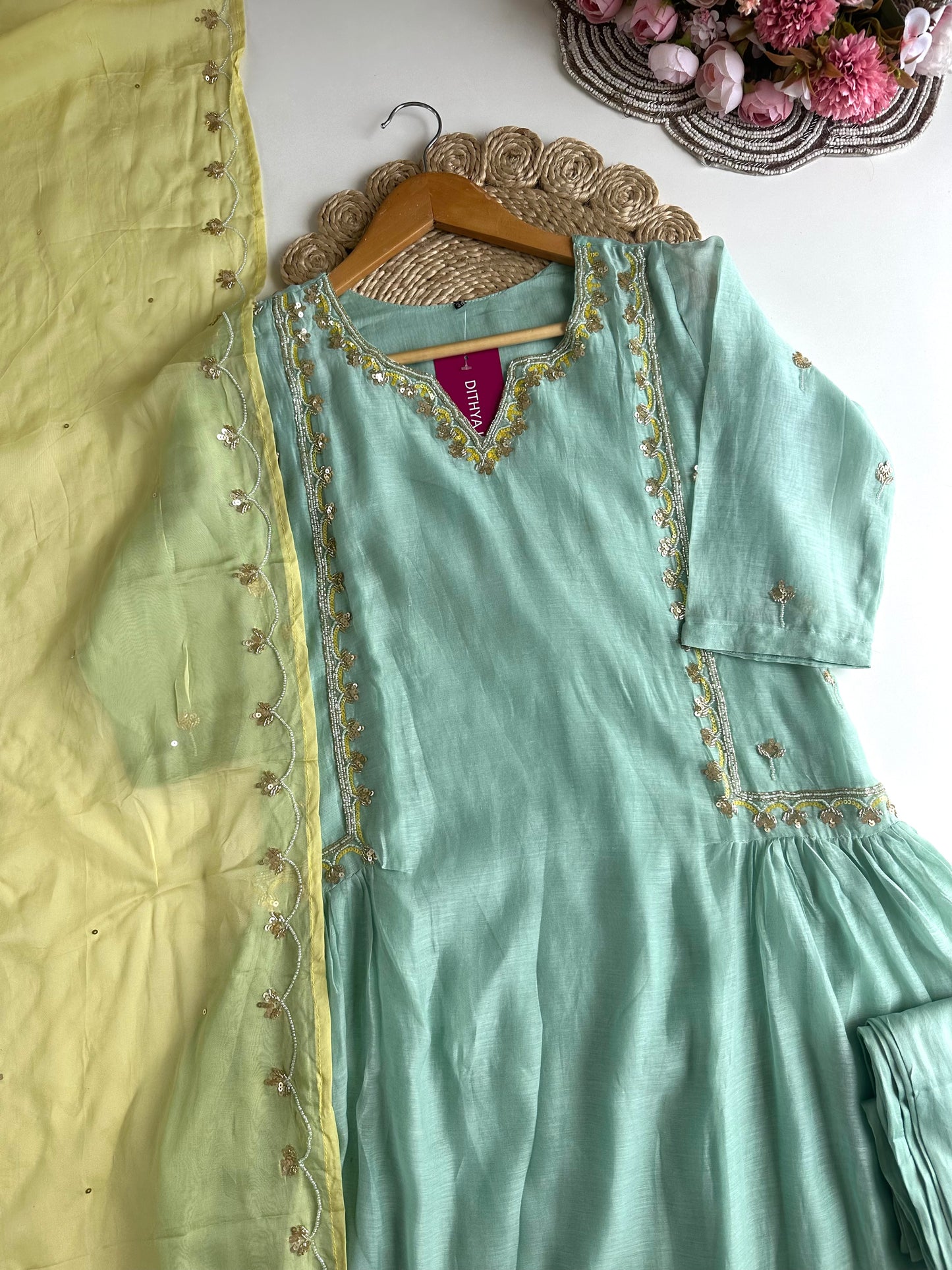 K360 - Mul Chanderi handwork Aline Kurti with pants and dupatta