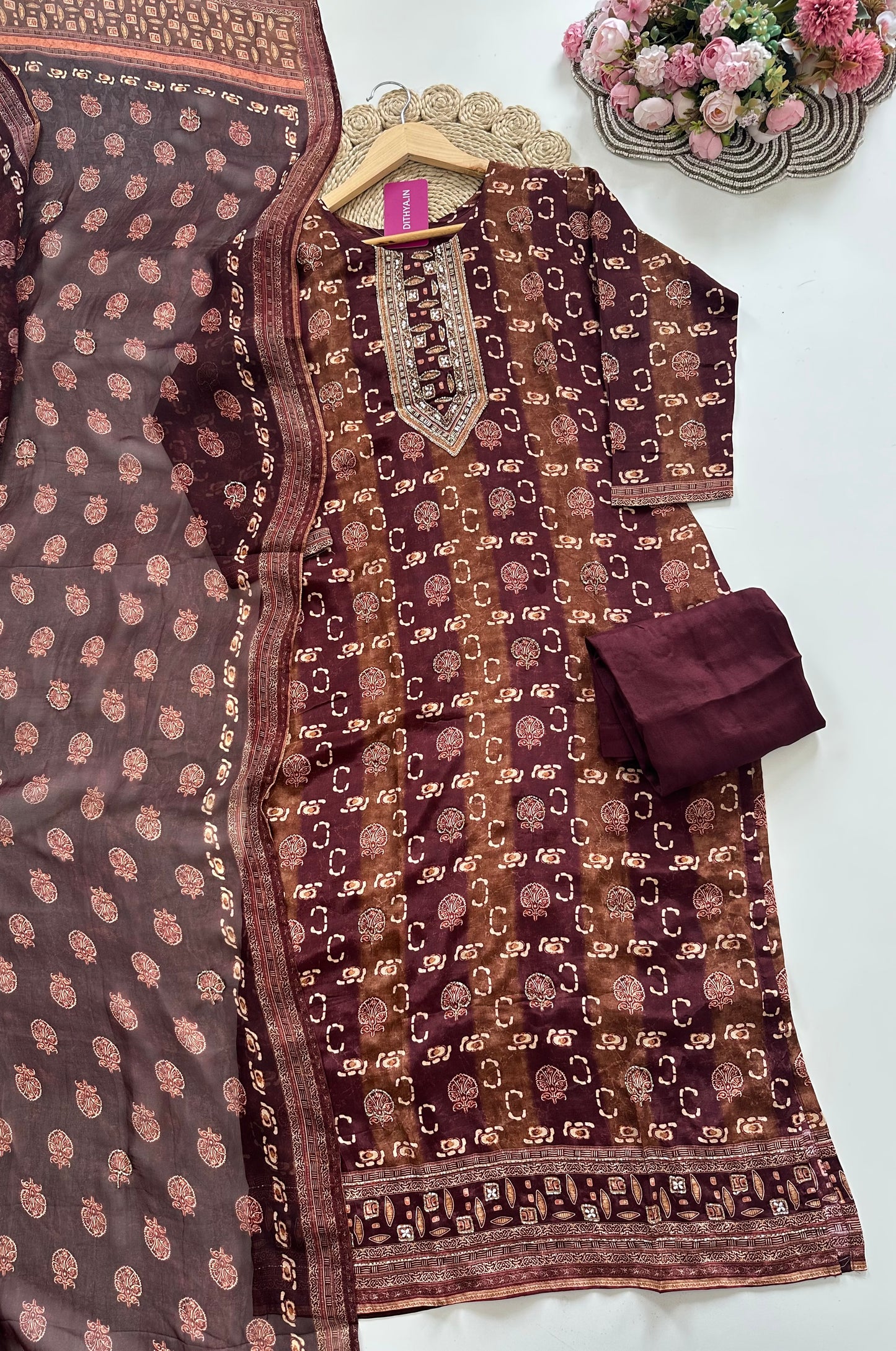 K026 - Viscose organza handwork straight Kurti with pants and dupatta