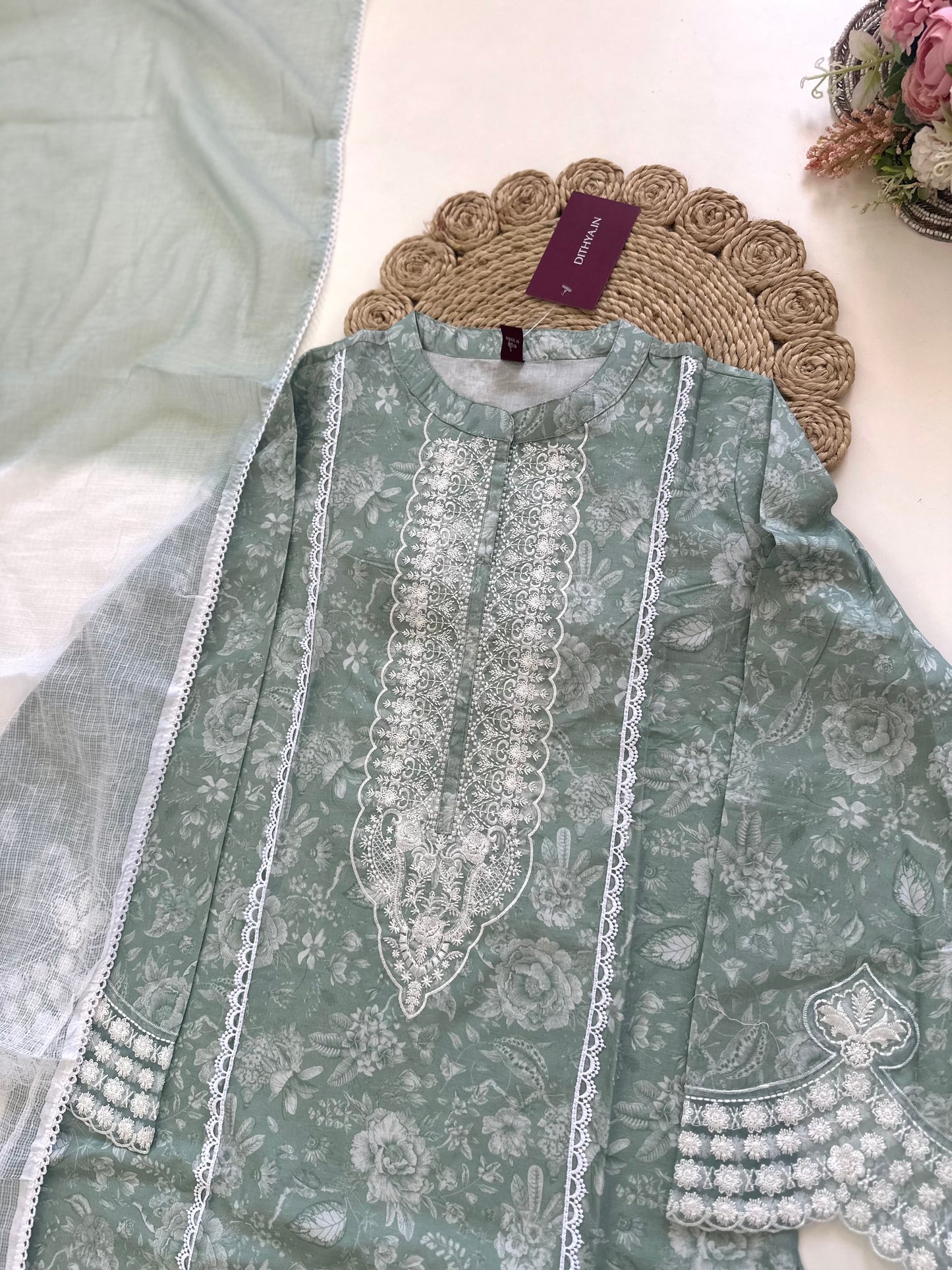 K269 - Rayon embroidered paki straight kurti with palazzo and dupatta in 2 colours