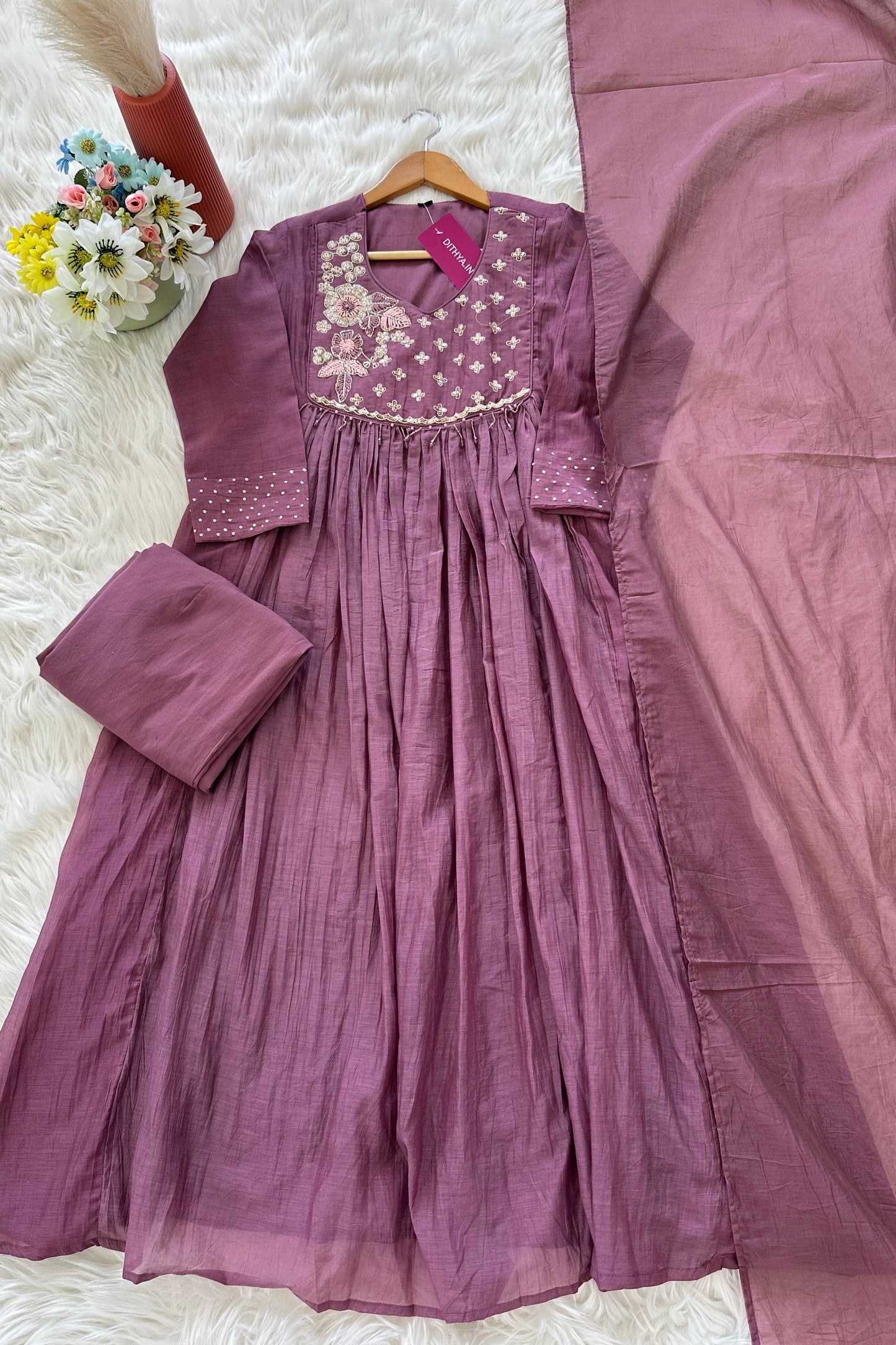 K376 - Mul Chanderi zardosi Anarkali with pants and dupatta