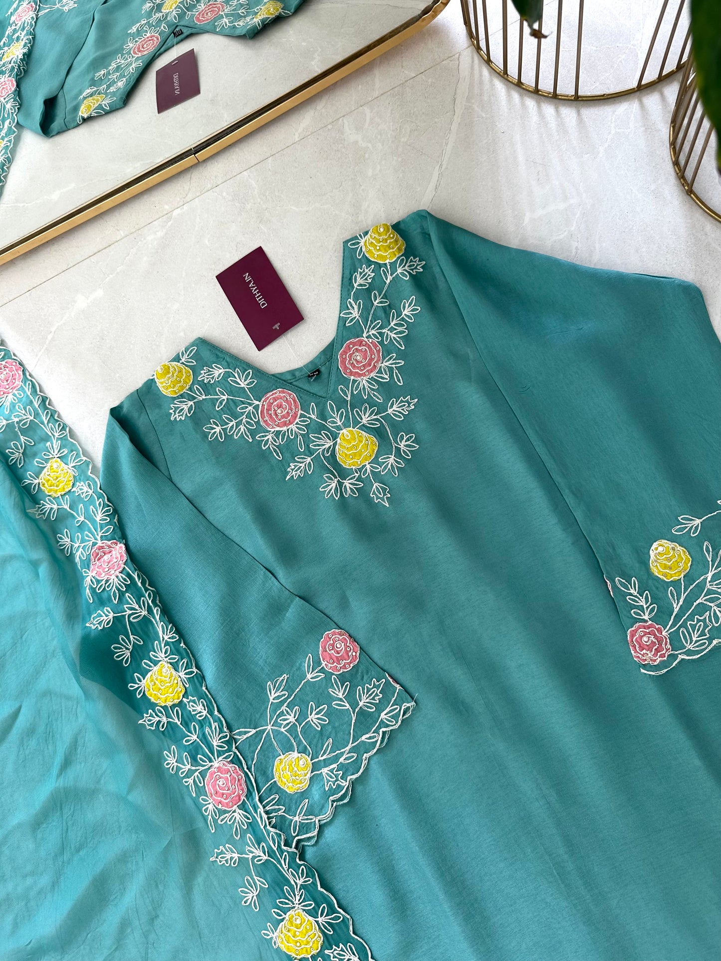 K361 - Russian silk appliqué work straight Kurti with pants and Dupatta in 2 colours