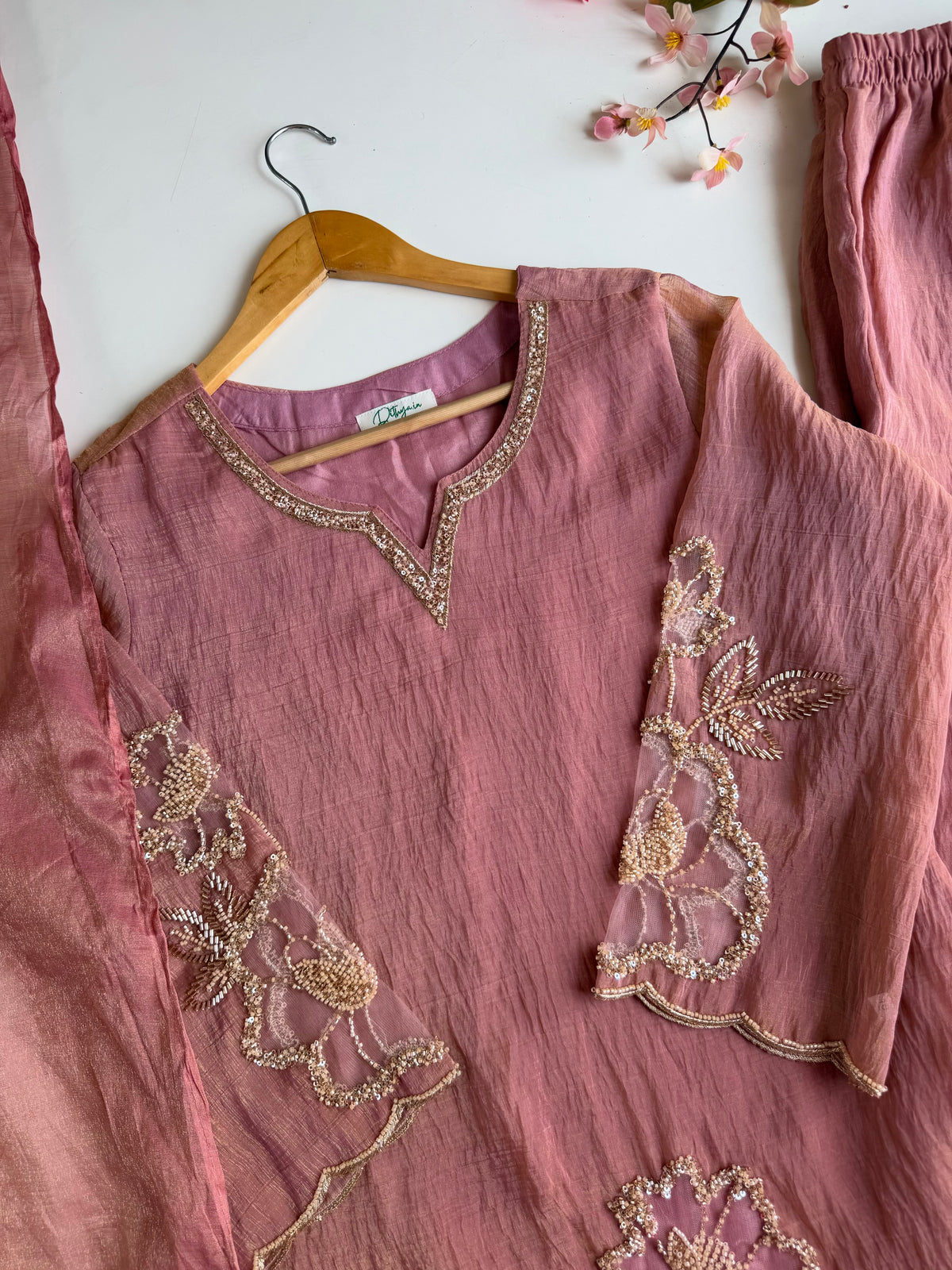 K065 - Crush Tissue silk handwork short Kurti with divider pants and dupatta