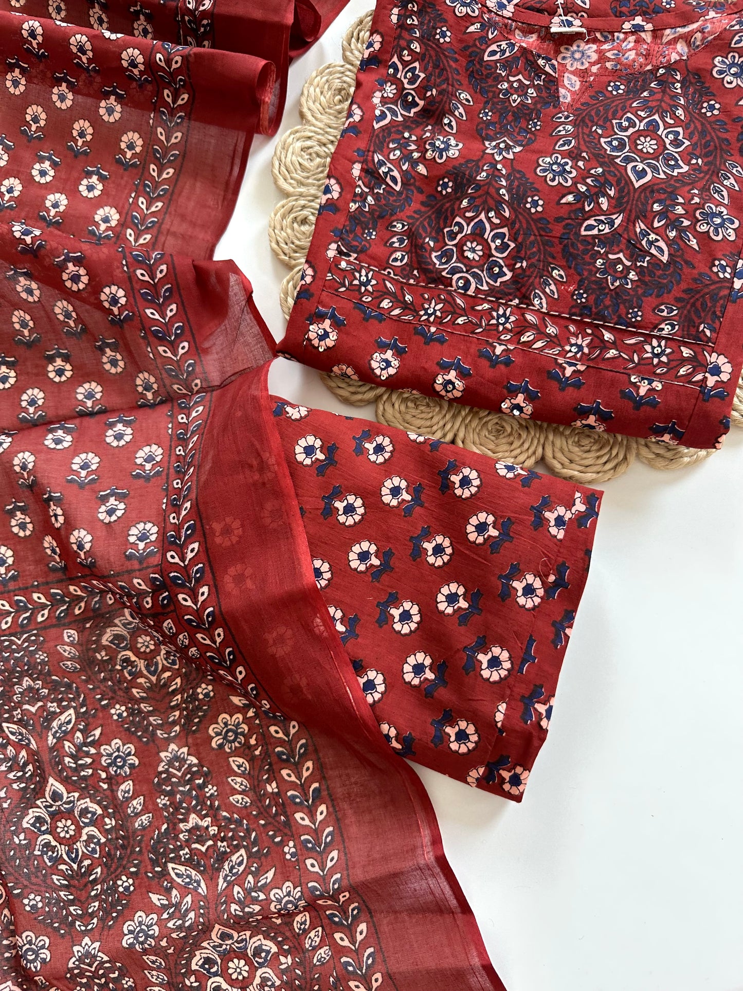 K201 - Cotton printed Straight Kurti with pants and dupatta in 2 colours