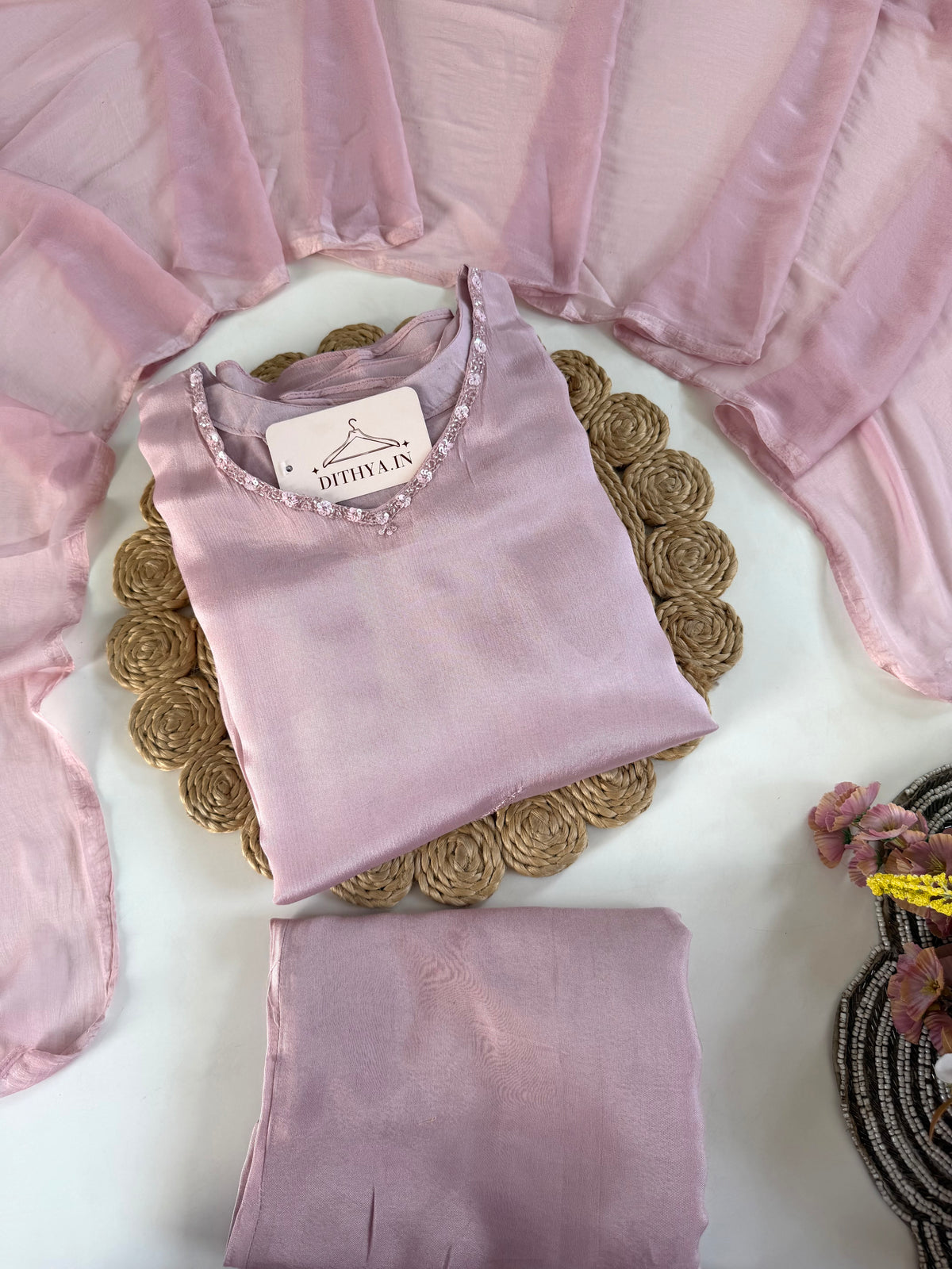 K308 - Chinnon handwork Aline Kurti with pants and dupatta