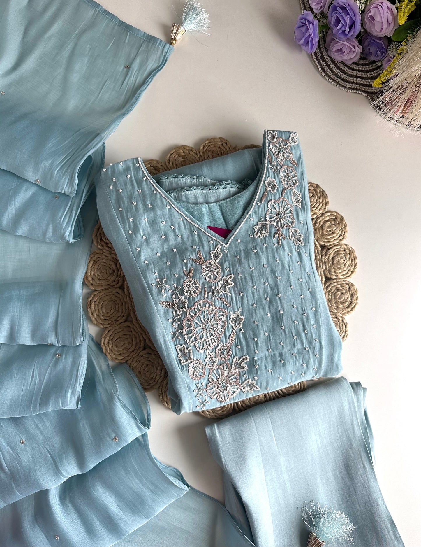 K178 - Mul Chanderi handwork Anarkali with pants and dupatta in 2 colours