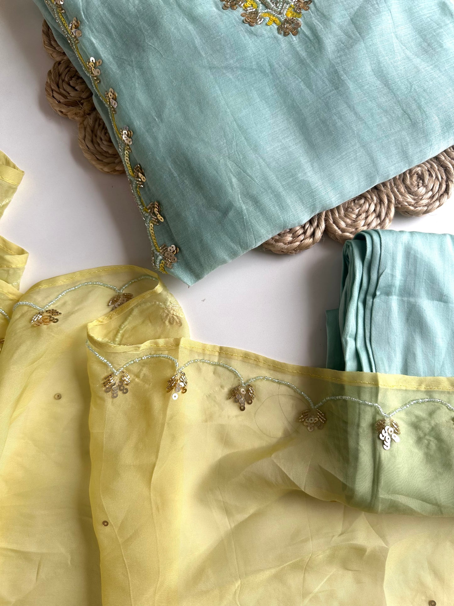 K360 - Mul Chanderi handwork Aline Kurti with pants and dupatta