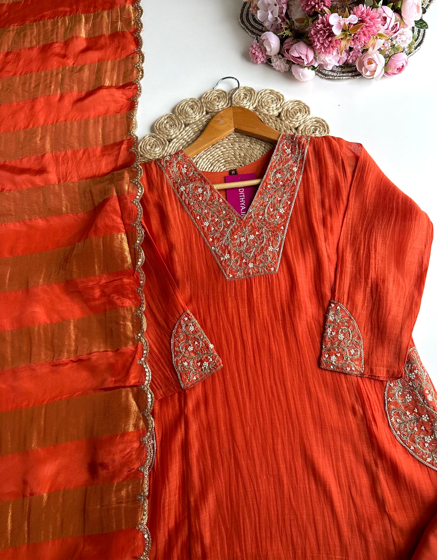 K332 - Mul Chanderi handwork Aline Kurti with pants and gaji organza dupatta