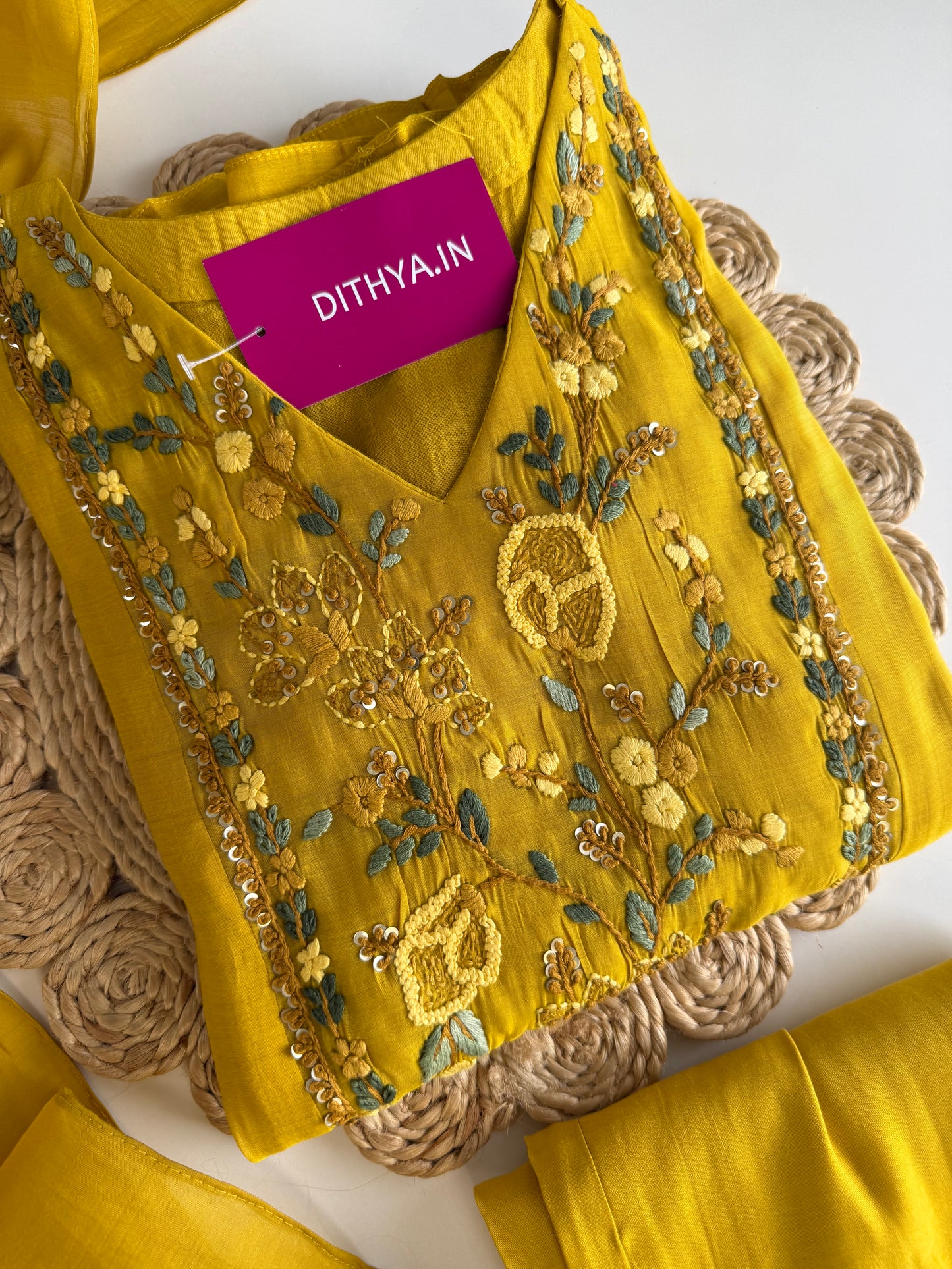 K341 - Mul chanderi Embroidered Aline Kurti with pants and dupatta