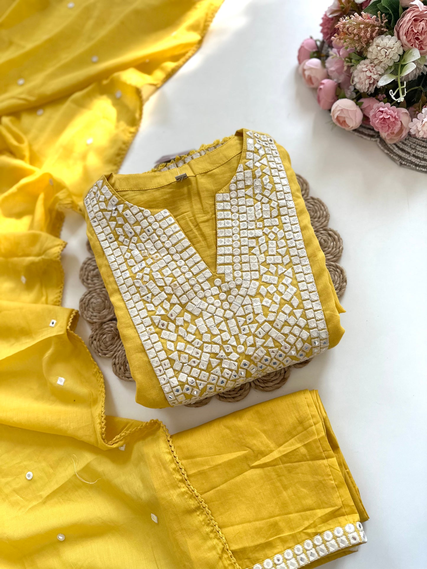 K116 - Mul mul cotton mirror work Anarkali with pants and dupatta in 2 colours