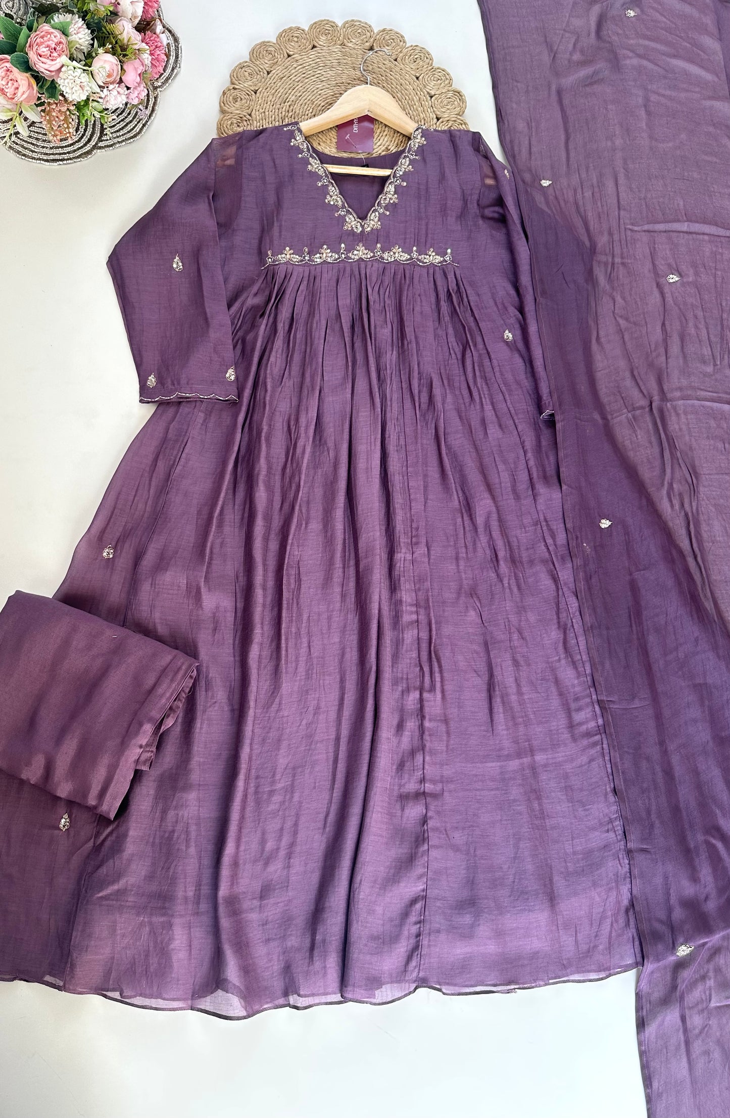 K138 - Mul Chanderi handwork Aline Kurti with pants and dupatta