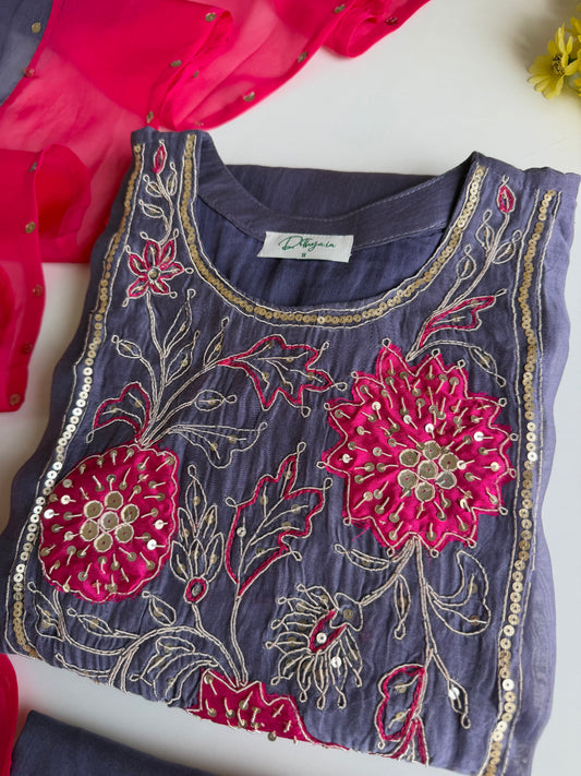 K132 - Pure Banarasi Mul chanderi handwork aline Kurti with pants and dupatta