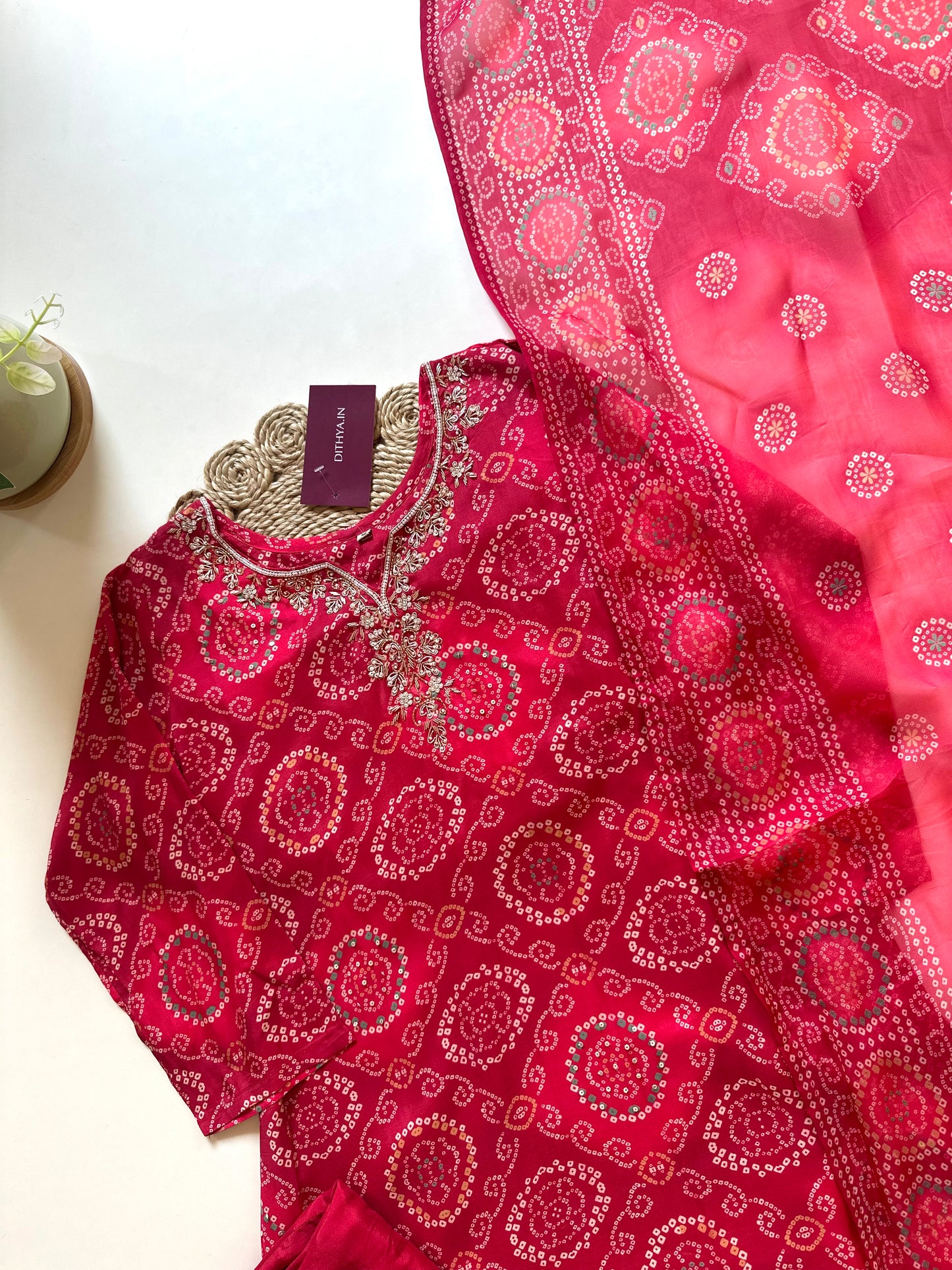 K339 - Bandhini Handwork muslin silk straight kurti with pants and viscose dupatta .