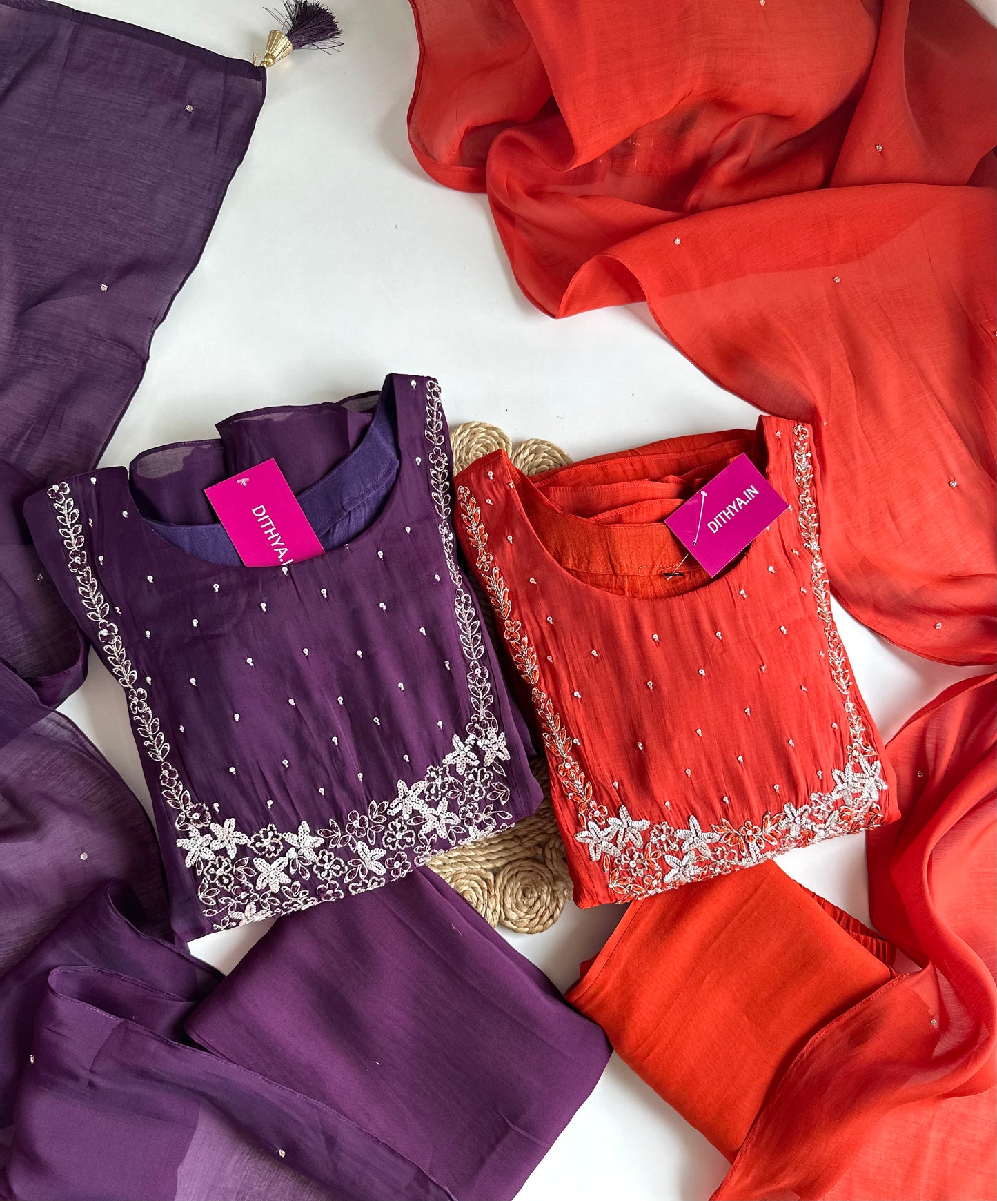 K007 - Mul Chanderi handwork Aline Kurti with pants and dupatta in 2 colours