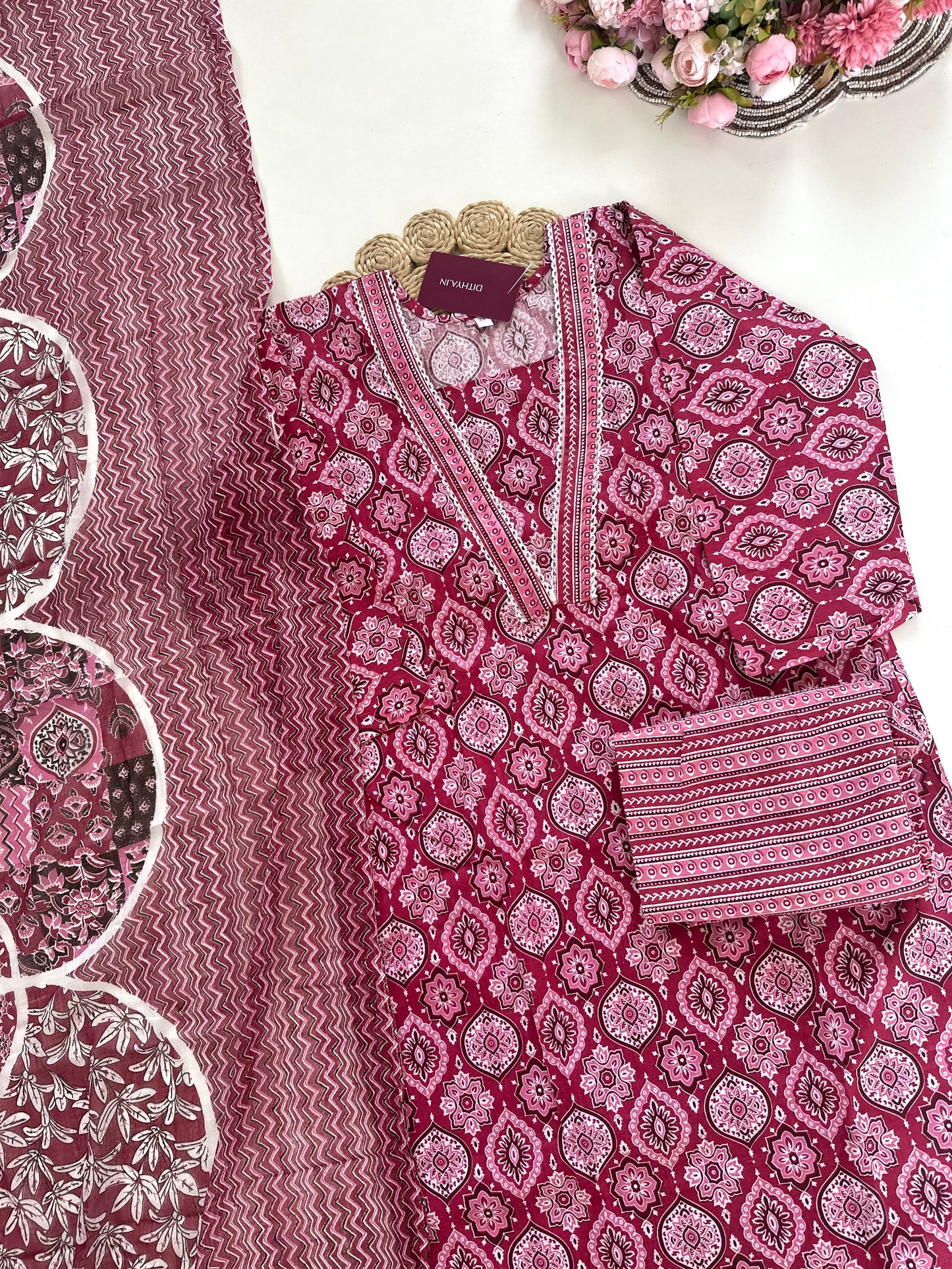 K330 - Cotton floral straight Kurti with pants and dupatta