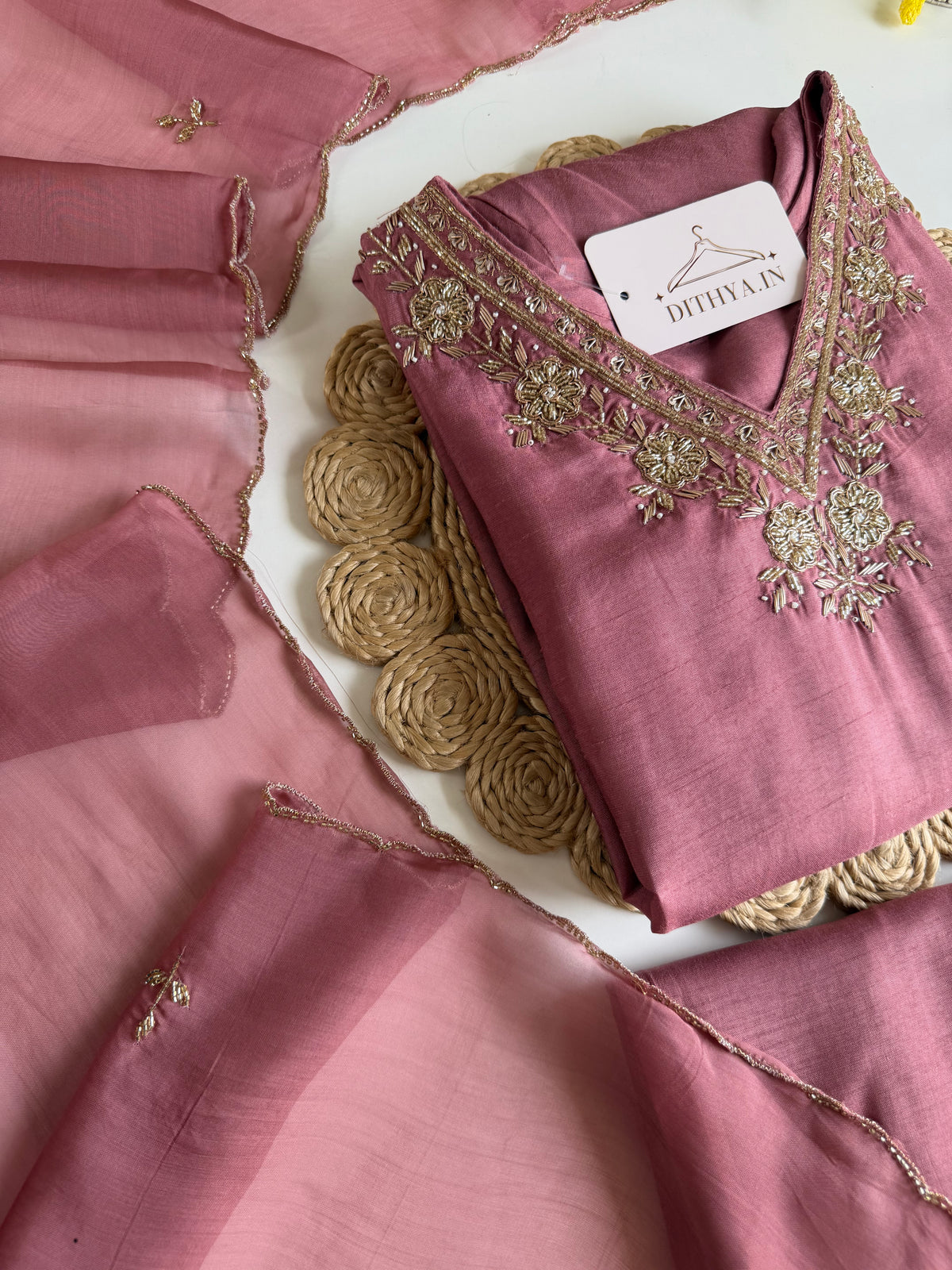 K661 - Russian silk handwork aline Kurti with pants and dupatta