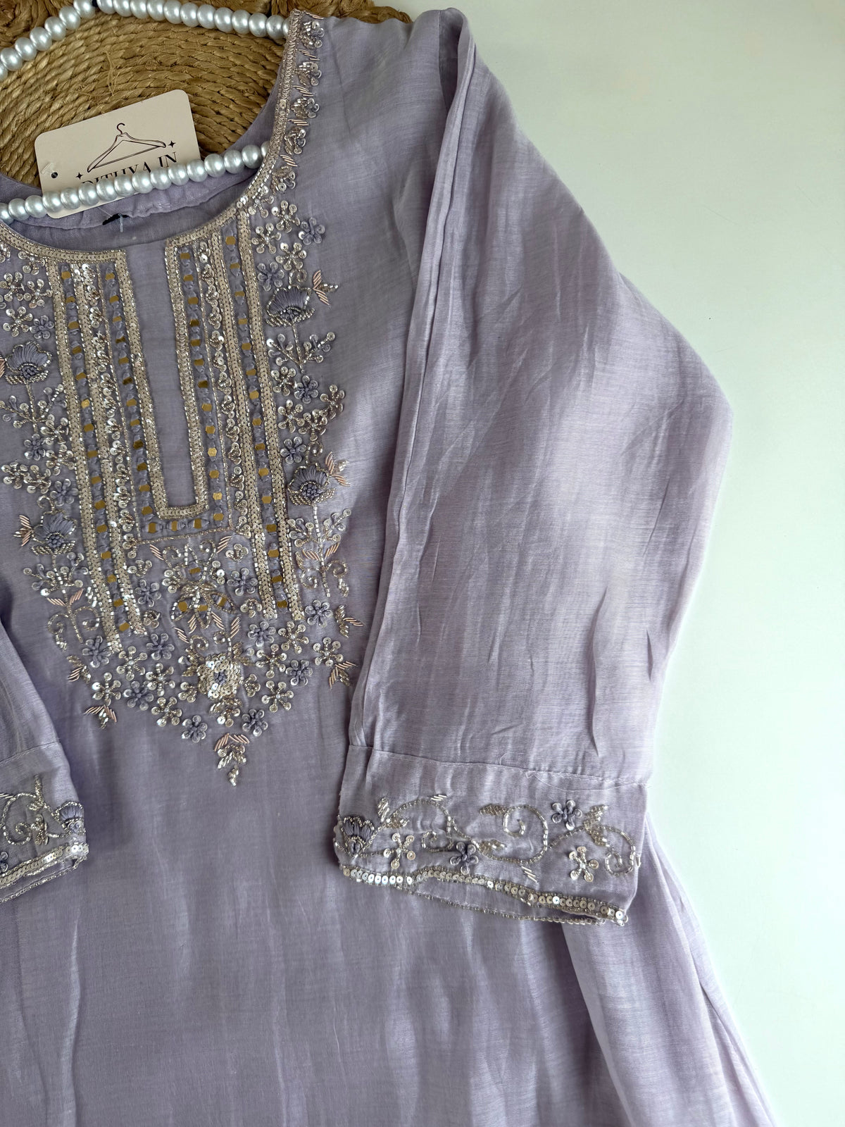 K493 - Mul chanderi handwork aline Kurti with pants and dupatta