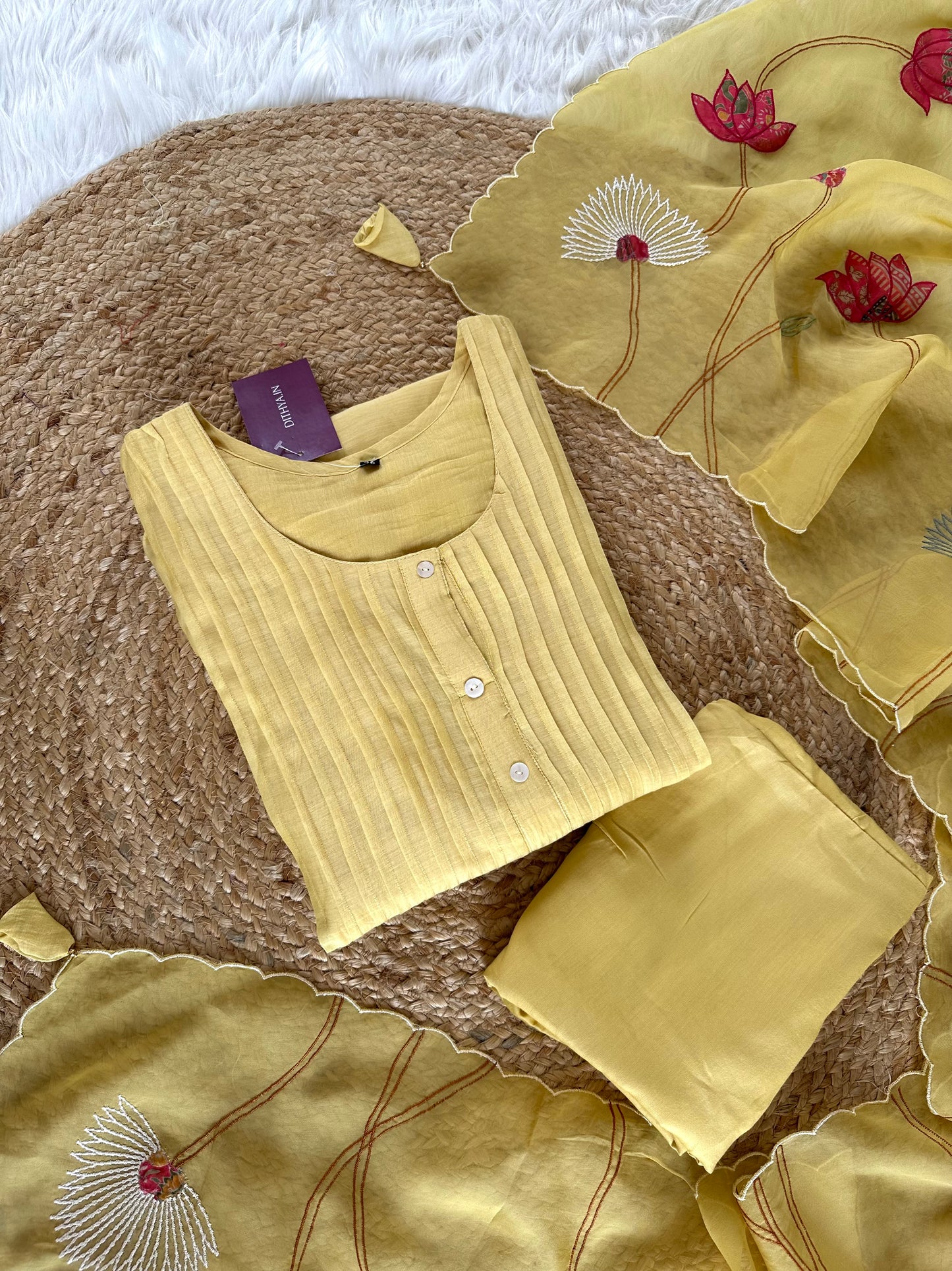 K304 - Mul Chanderi appliqué work Aline Kurti with pants and dupatta in 2 colours