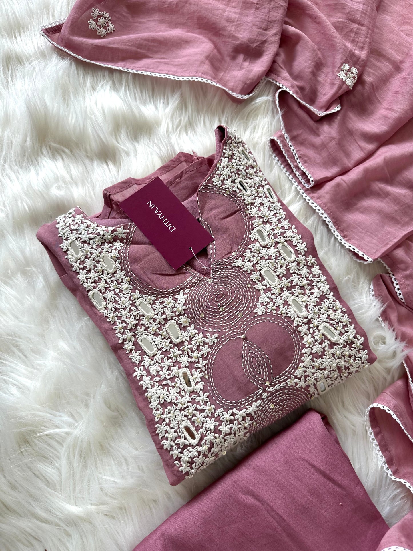 K410 - Mul Chanderi handwork Aline Kurti with pants and dupatta in 2 colours