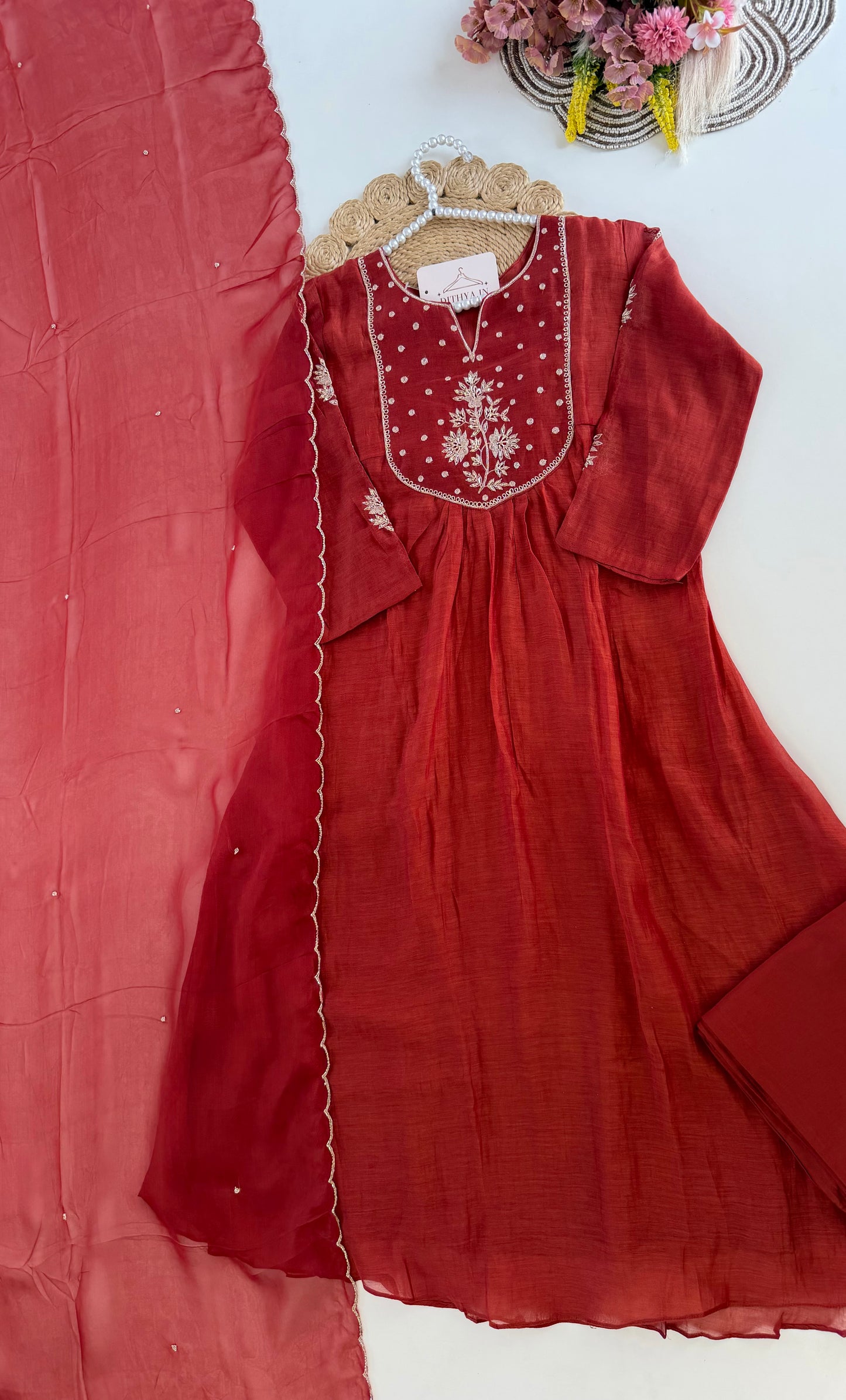 K527 - Mul chanderi handwork Anarkali with pants and dupatta