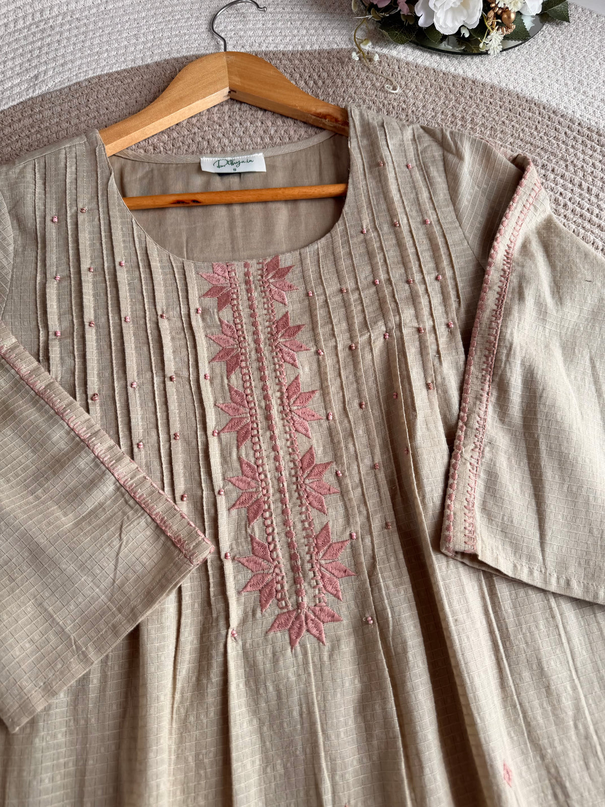 K226 - Mul cotton embroidered Aline Kurti with pants and dupatta in 2 colours