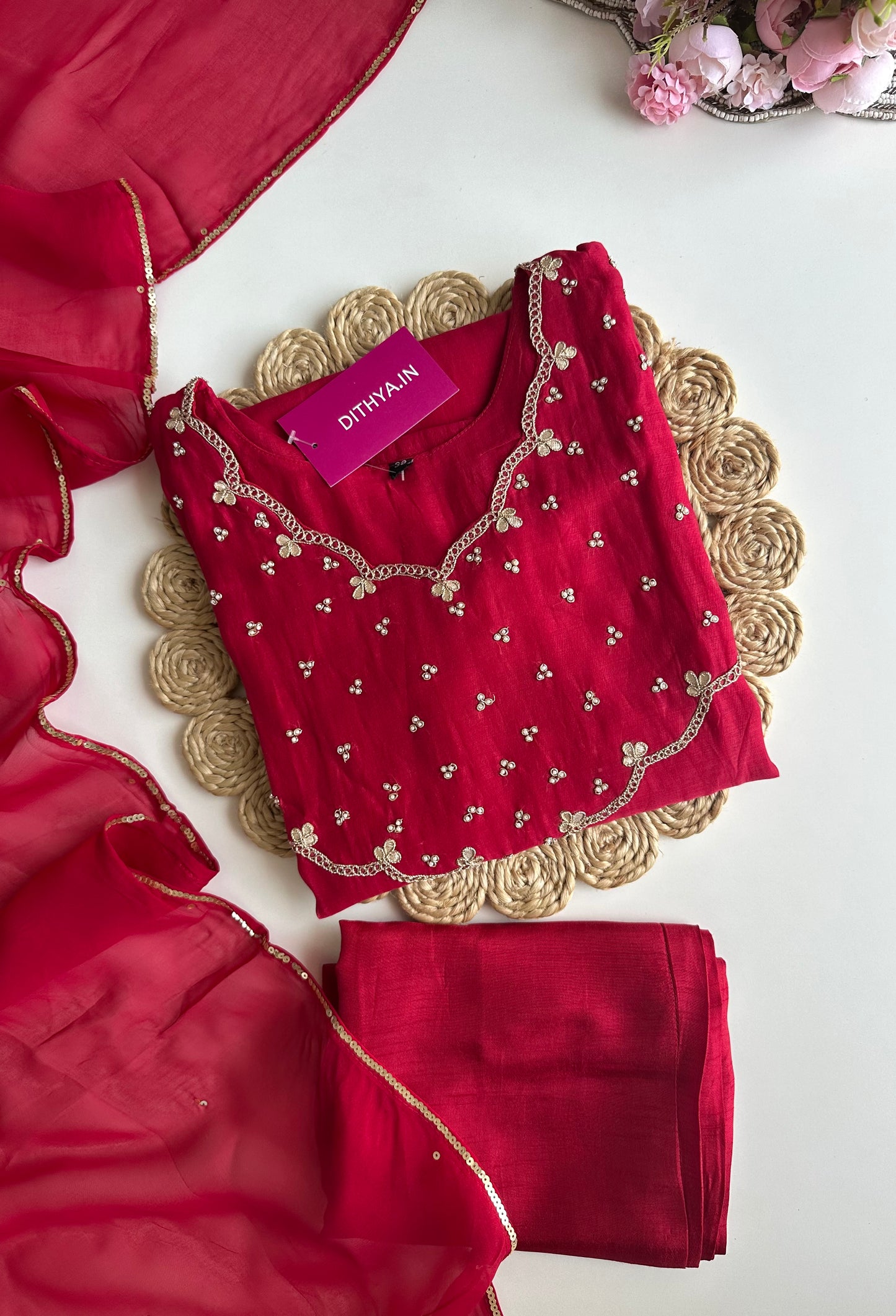 K184 - Mul Chanderi gota work straight Kurti with pants and dupatta