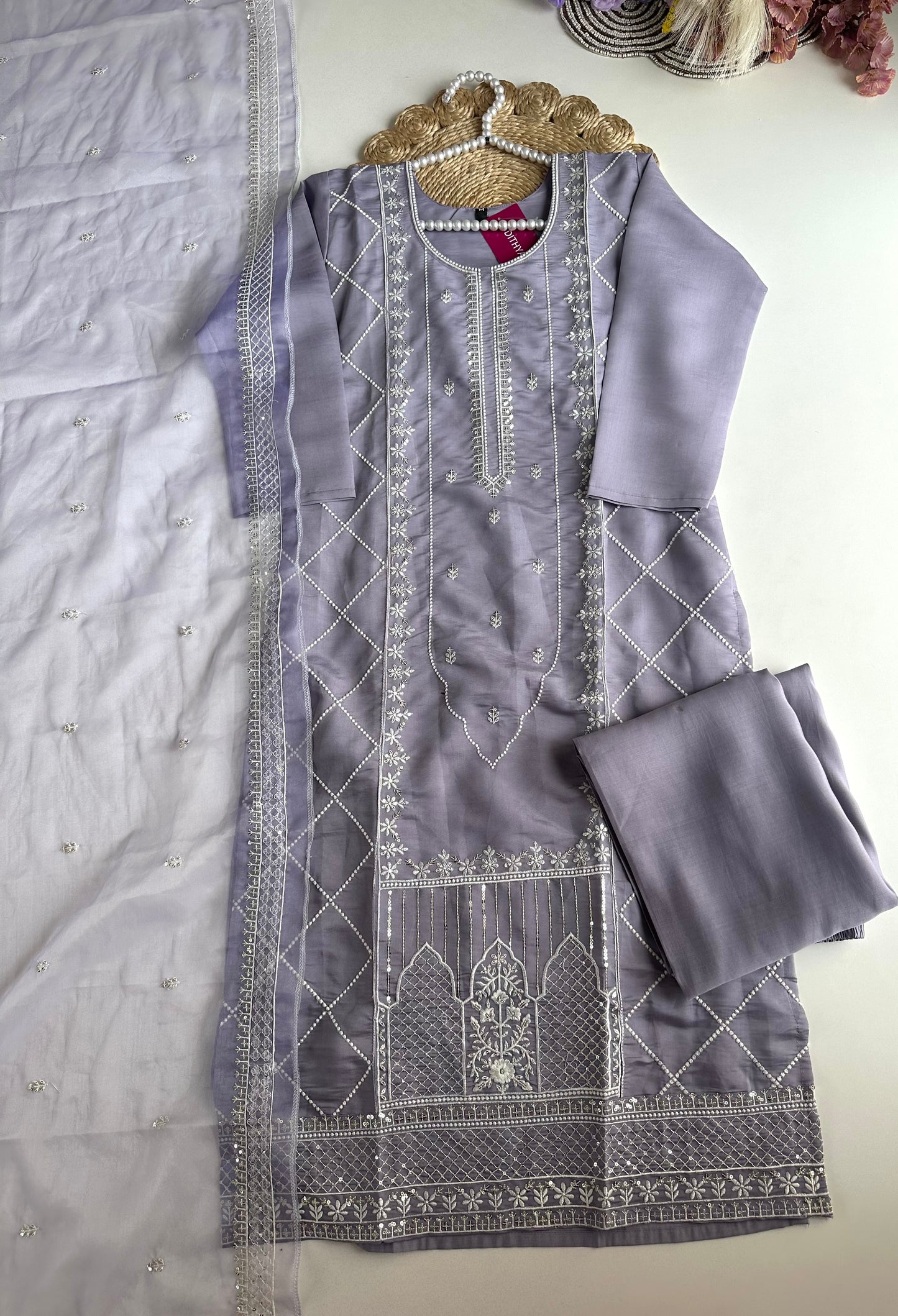 K166 - Roman silk embroidered straight Kurti with pants and dupatta