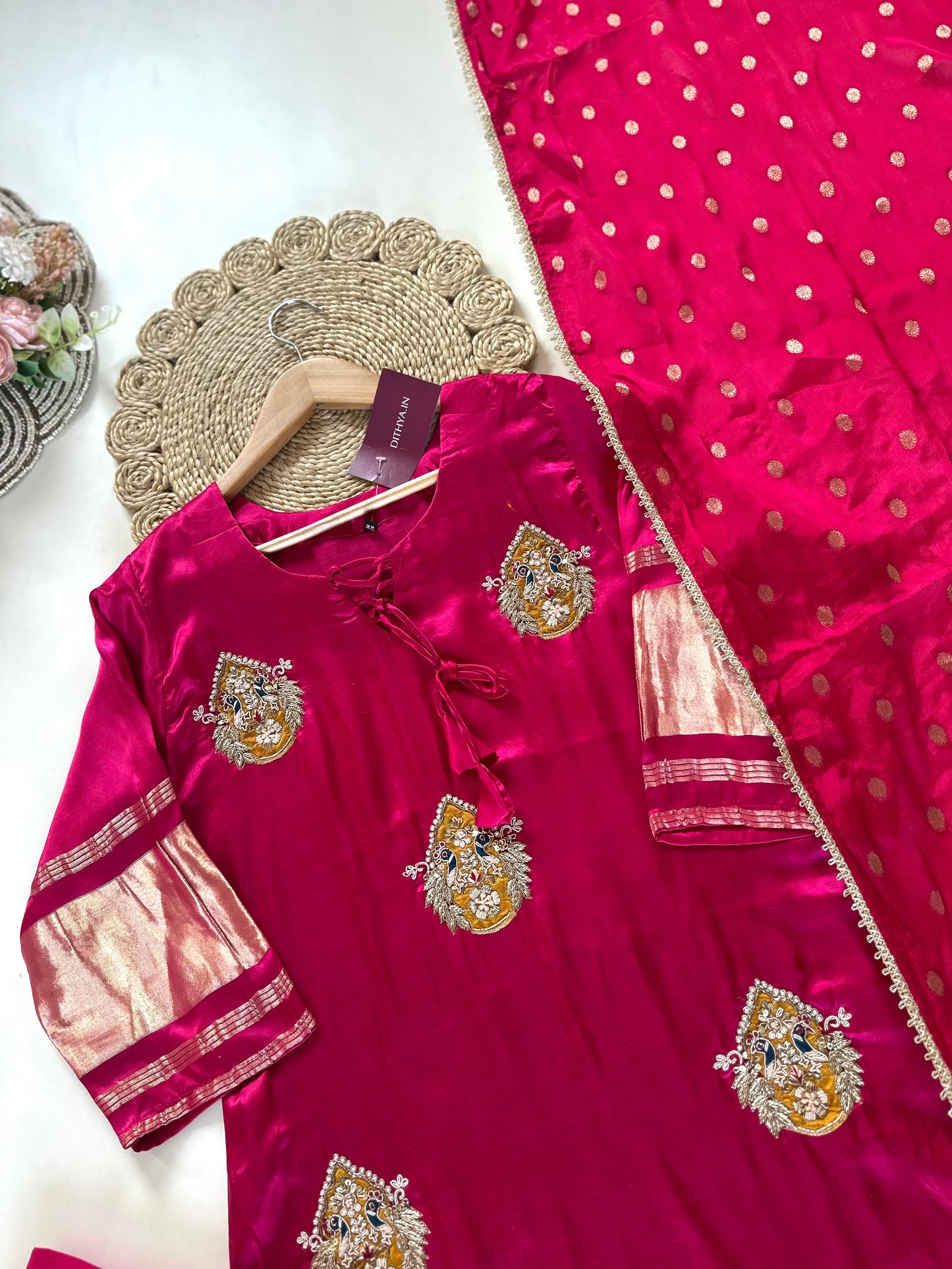 K186 - Gaji silk handwork kurti with palazzo and dupatta in 2 colours.