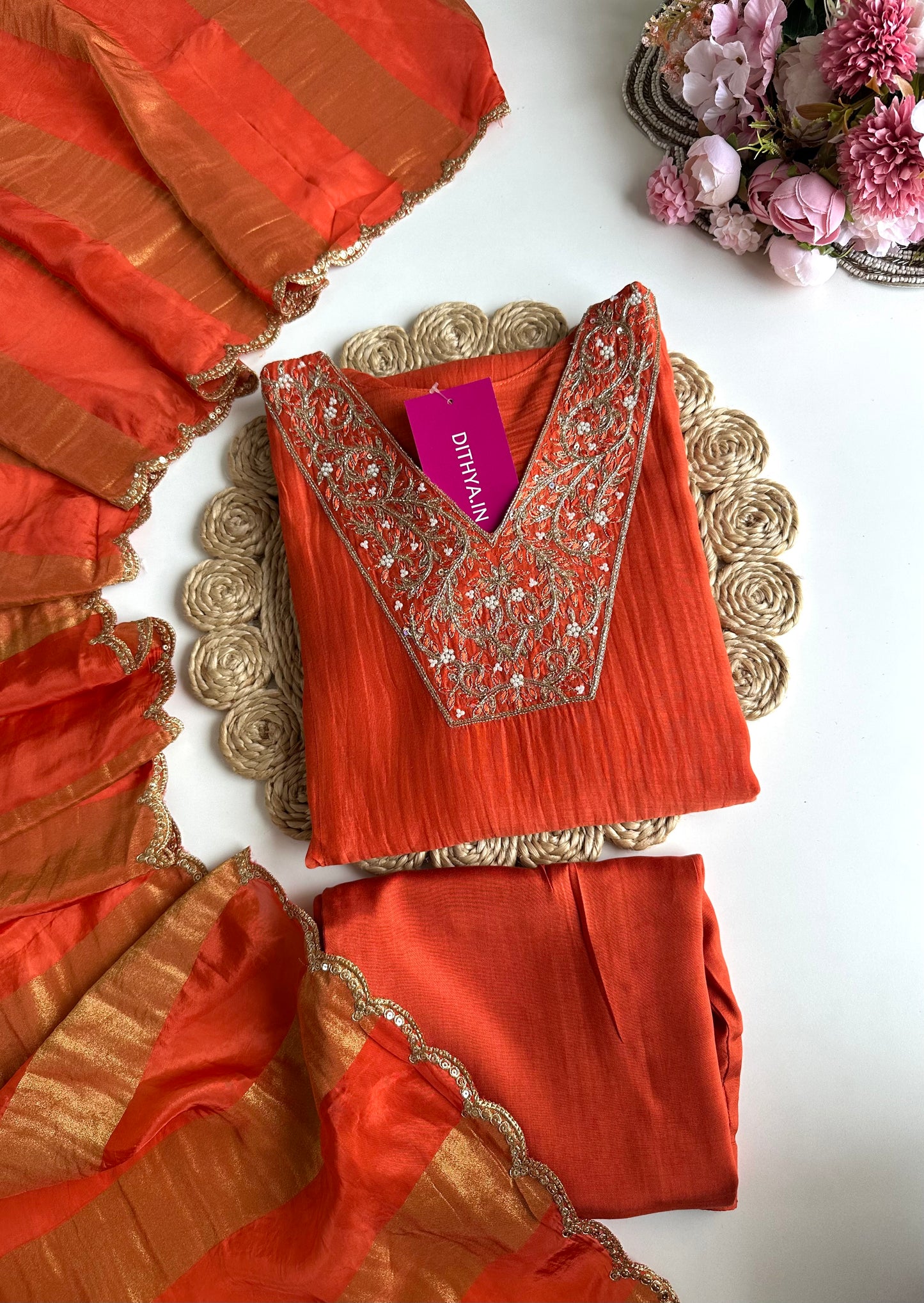 K332 - Mul Chanderi handwork Aline Kurti with pants and gaji organza dupatta