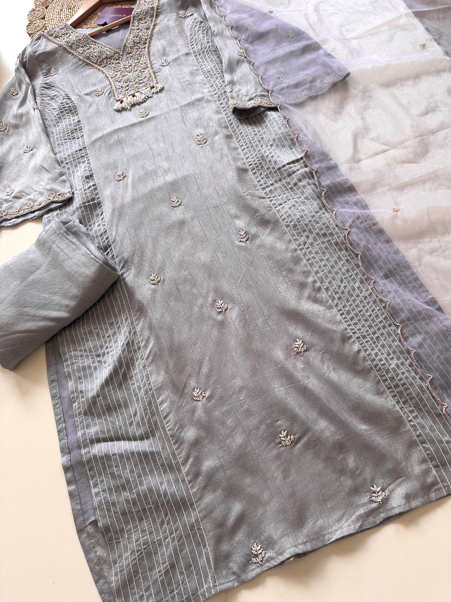 K130 - Russian silk Handwork straight kurti with pants and dupatta .
