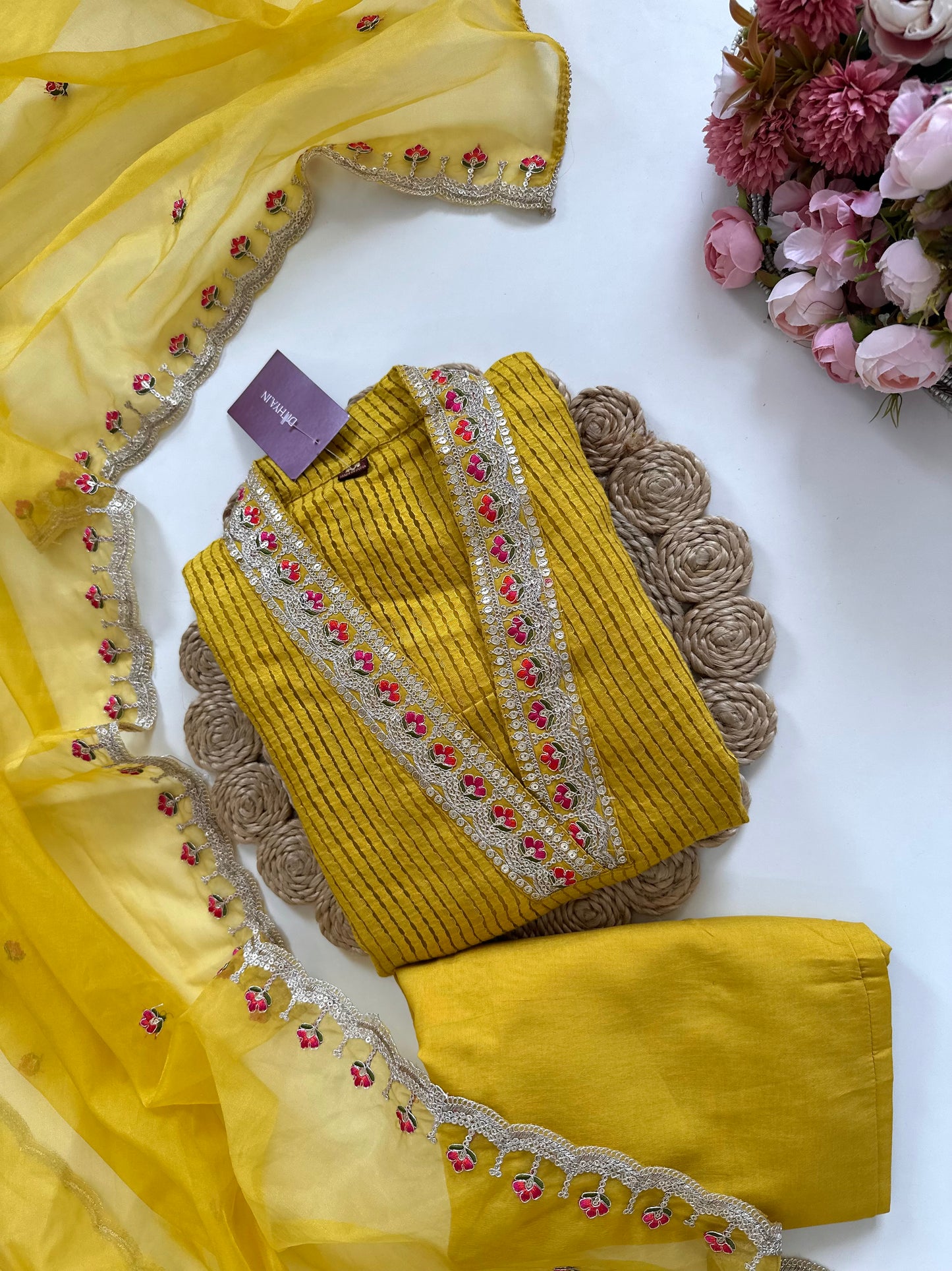 K107 - Jacquard silk Collar neck straight kurti with pants and dupatta in 2 colours