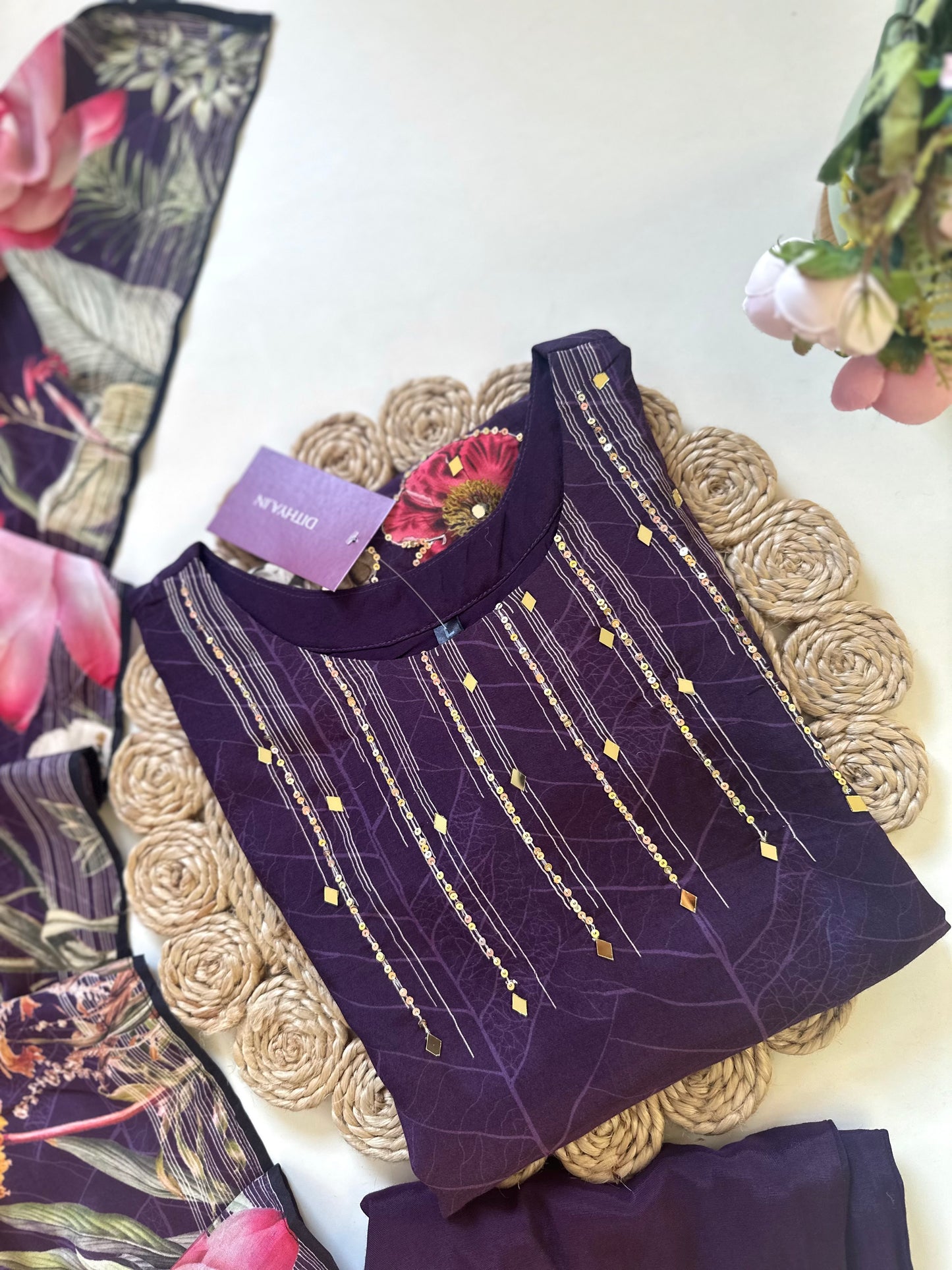 K431 - Crape floral straight Kurti with pants and dupatta