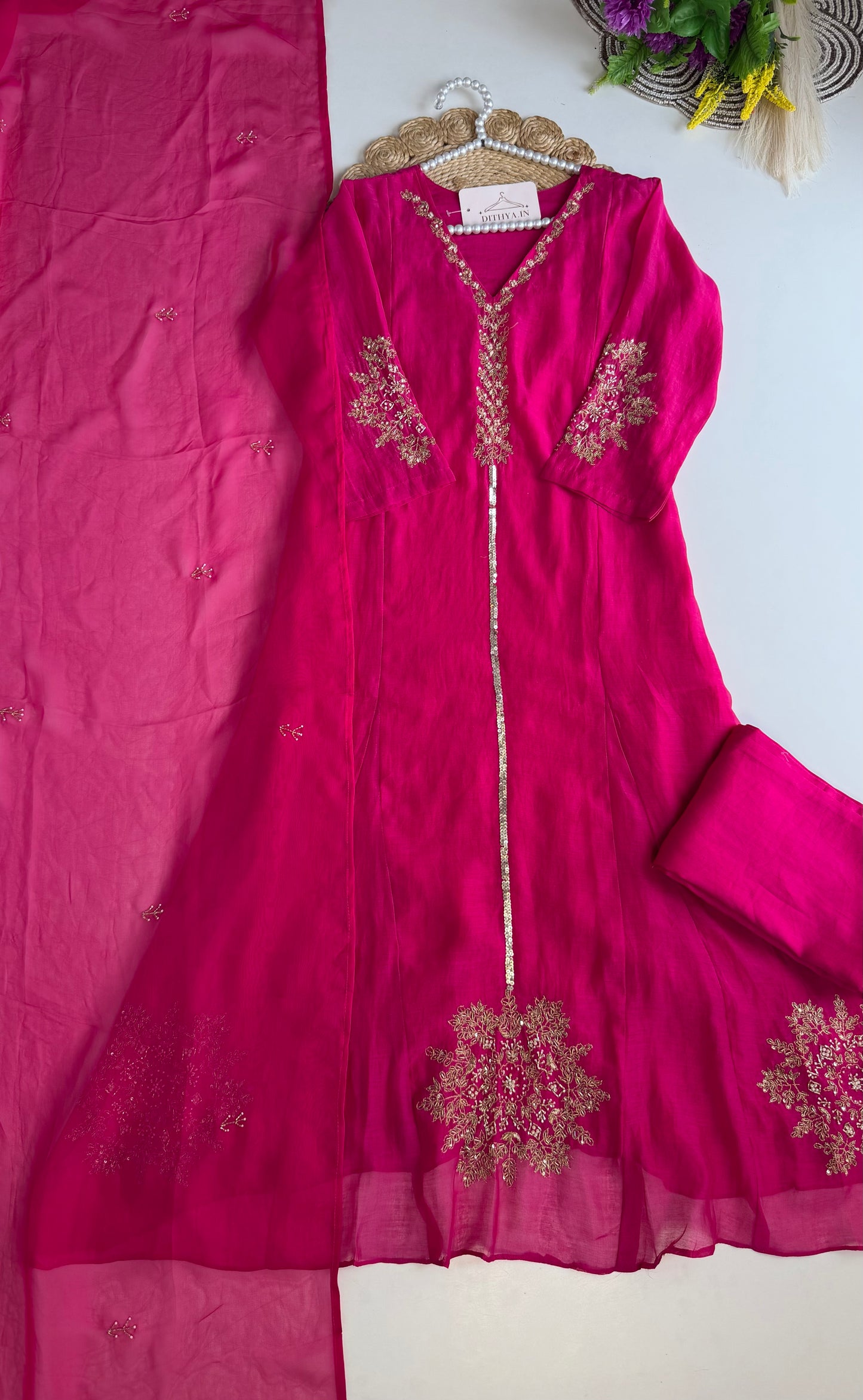 K074 - Mul chanderi handwork Aline Kurti with pants and dupatta