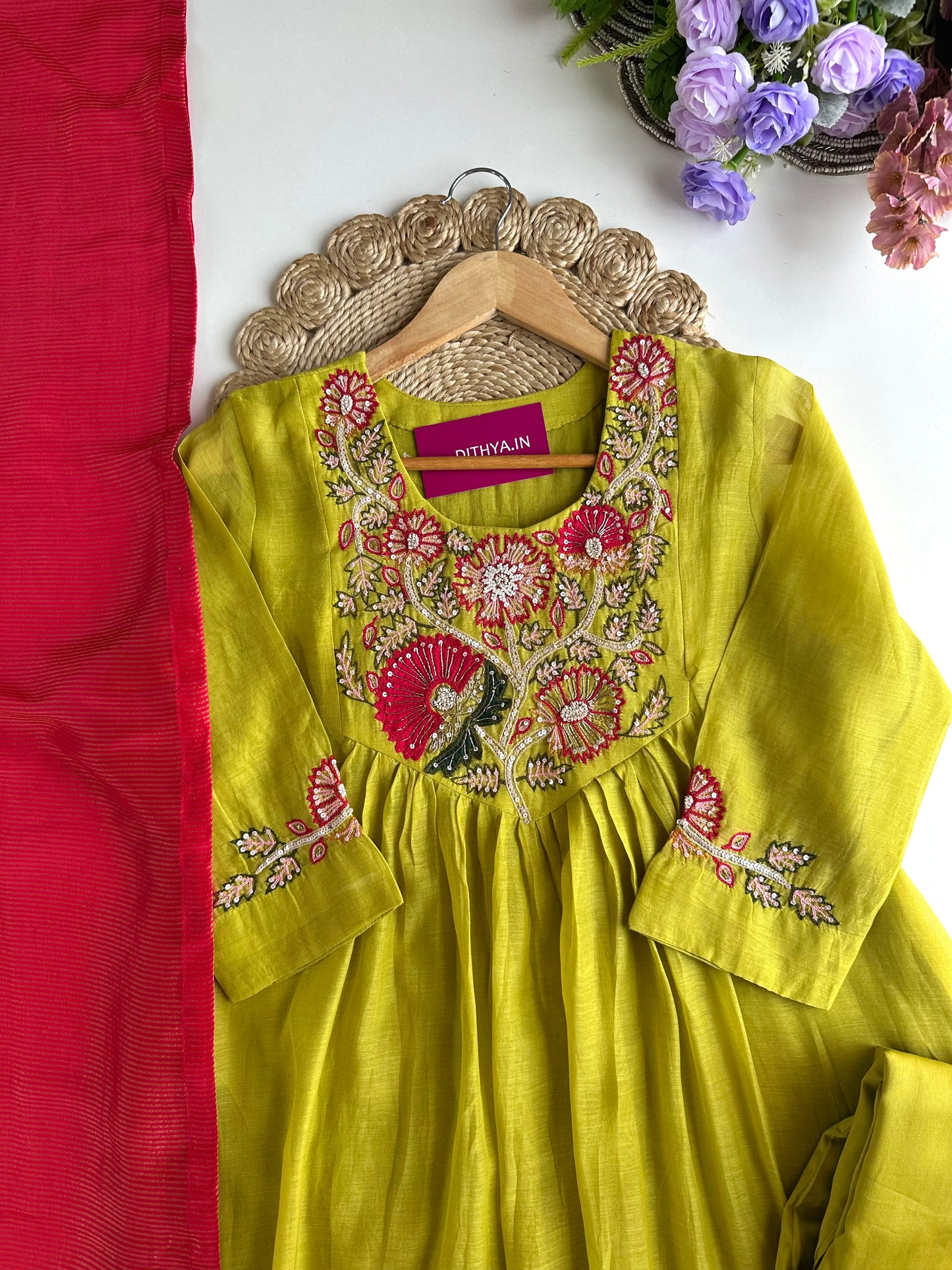K148 - Mul Chanderi handwork Aline Kurti with pants and dupatta