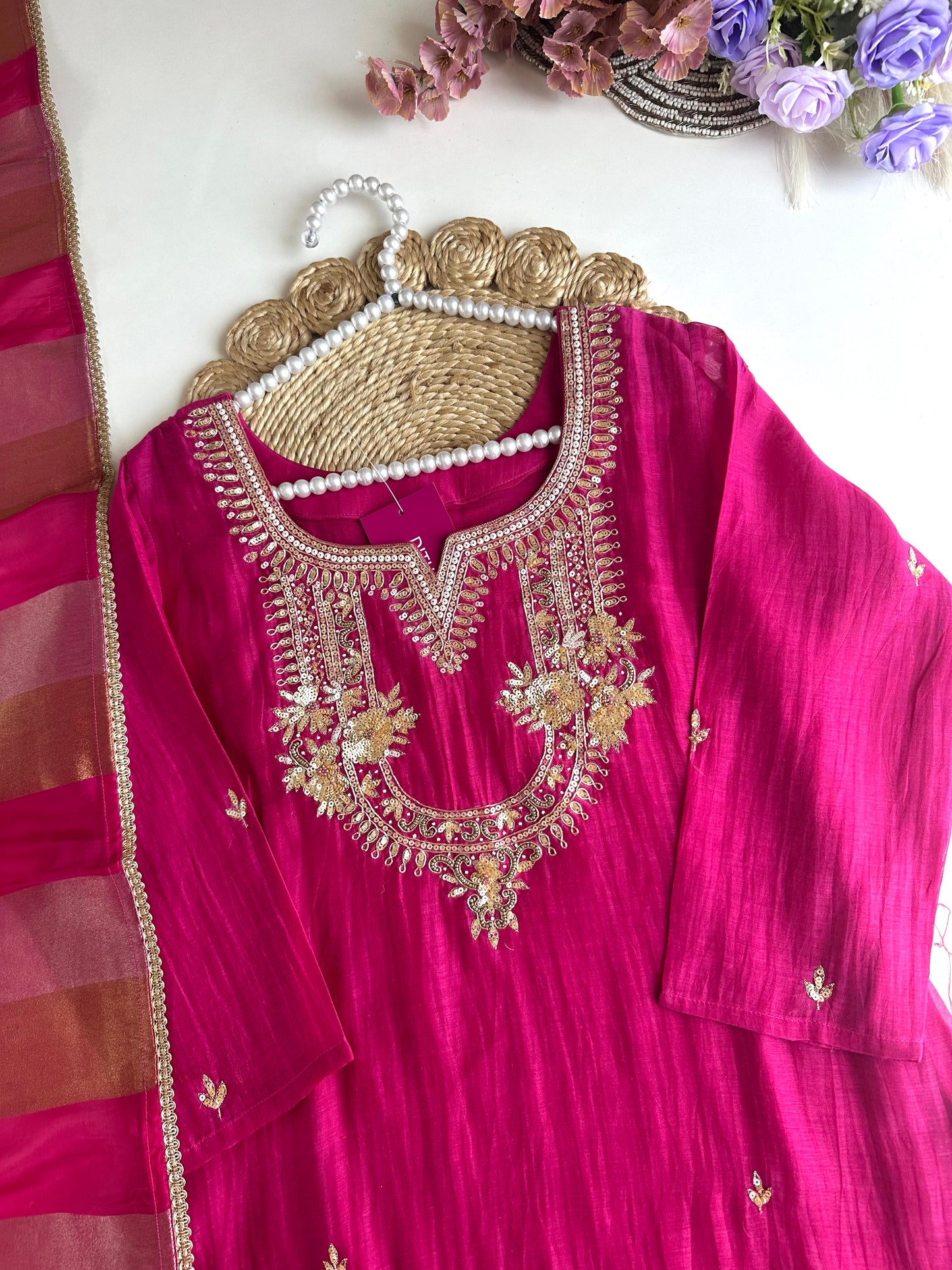 K442 - Mul Chanderi handwork Aline Kurti with pants and dupatta